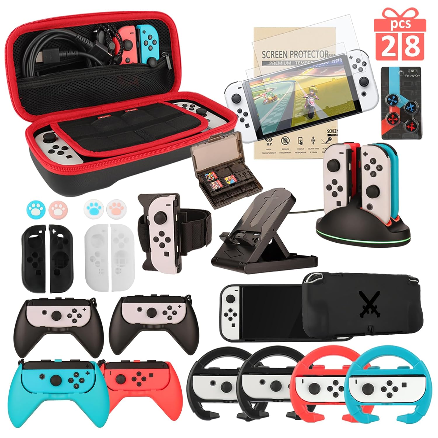Switch OLED Accessories – Family Bundle Accessories for Nintendo Switch OLED, Carry Case& Screen Protector,4 Pack Joy Con Grips and Steering Wheels, Case Cover,Stand Mount,Joy Con Charger and More