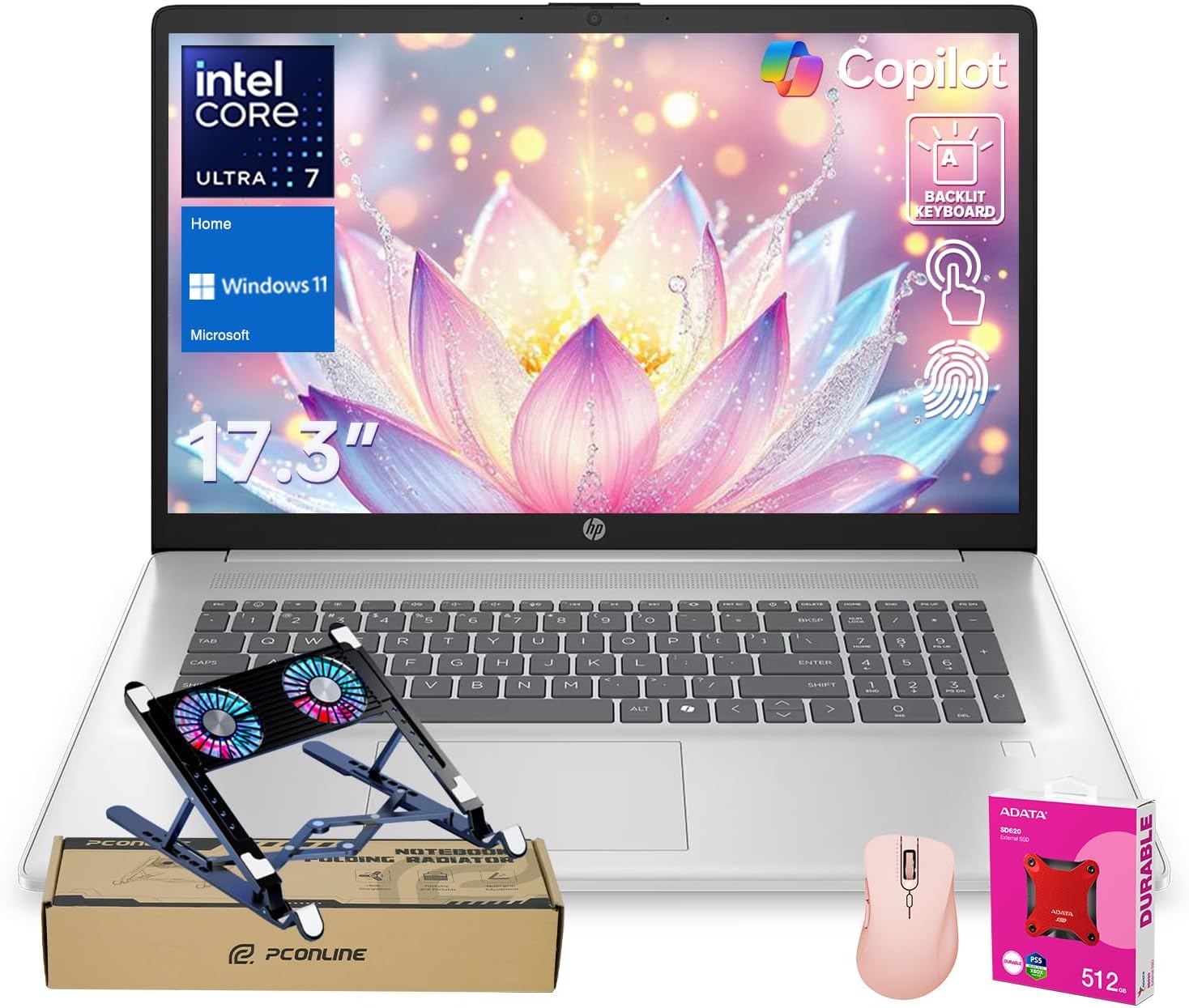 HP Business Copliot AI Laptop PC, 17.3″ HD+ Touchscreen, Ultra 7 255U, 64GB DDR5 RAM, 4TB SSD, Wi-Fi 6, W11H, Backlit, Bundle with PCO Laptop Cooler & 512GB External SSD & Thunderobot Wireless Mouse