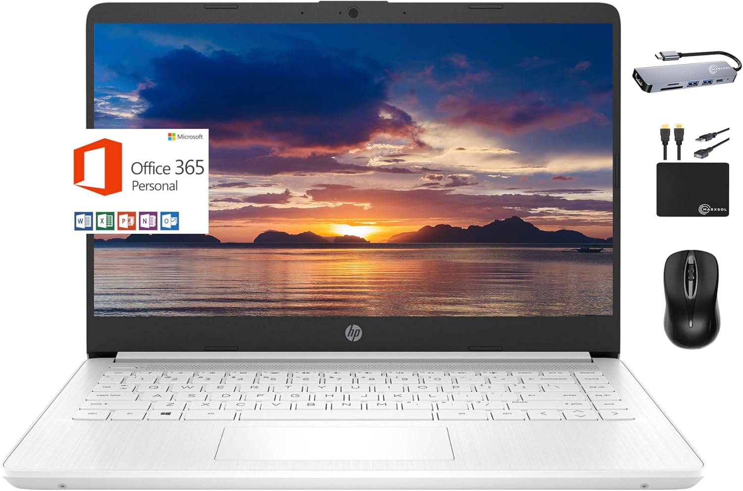 HP 2024 Premium 14″ Micro-Edge Portable Laptop Student Business, Intel Quad-Core N4120, 4GB RAM, 128GB (64GB eMMC+ 64GB Card), Webcam, WiFi, Windows 11S + 1 Year Office 365, MarxsolAccessory White