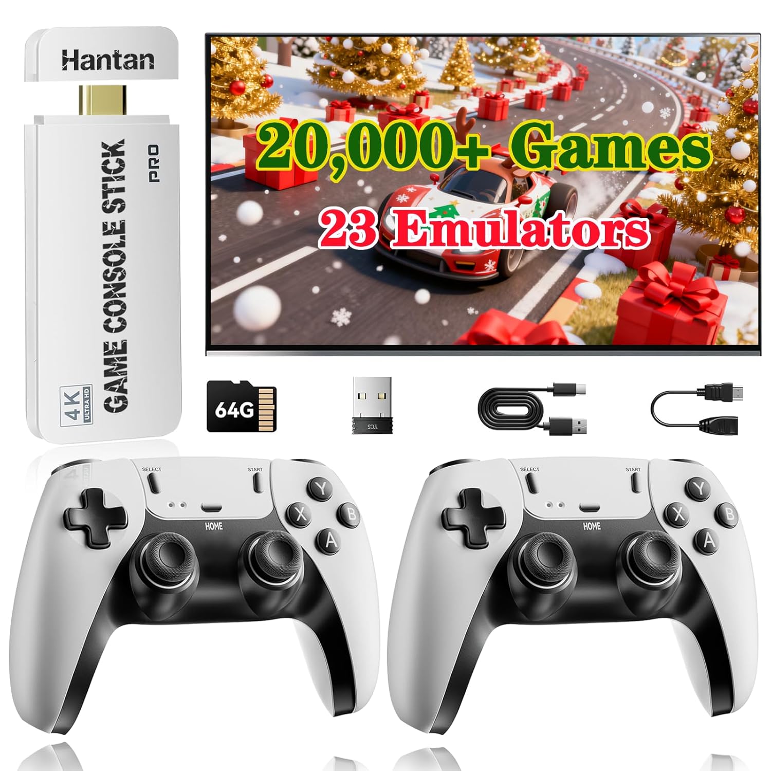 Retro Gaming Console, Retro Gaming Stick with 20,000+ Classic Game and 23 Game Emulators, Plug & Play 4K HDMI Output Game Console Stick with Dual 2.4G Controllers (64GB)