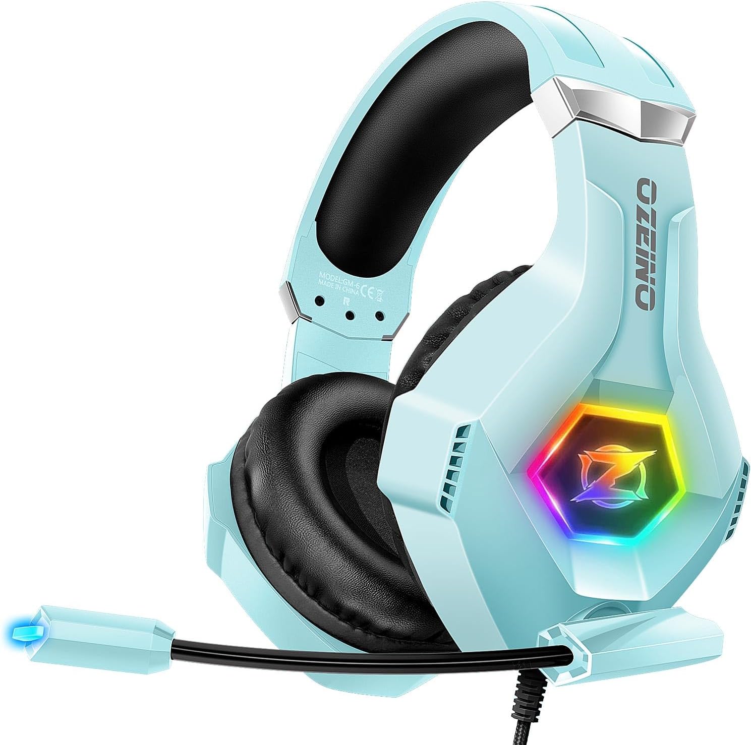 Ozeino Gaming Headset for PC, Ps4, Ps5, Xbox Headset with 7.1 Surround Sound, Gaming Headphones with Noise Cancelling Mic RGB Light Over Ear Headphones for Xbox Series X/S, Switch-Light Blue