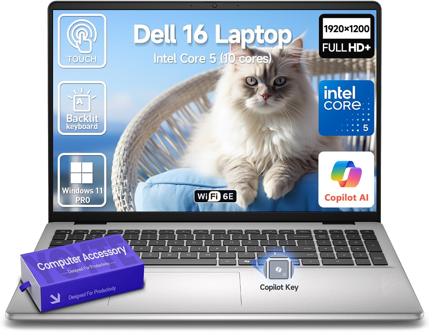 2026 Dell 16 Touchscreen Laptop Computer, 16″ FHD+ Touch Screen Business Laptop, Windows 11 Pro, Intel Core 5 (10-Cores, Beat i5-1355U), 32GB DDR5 1TB SSD, Backlit 10-Key, Wi-Fi 6E, Copilot Key