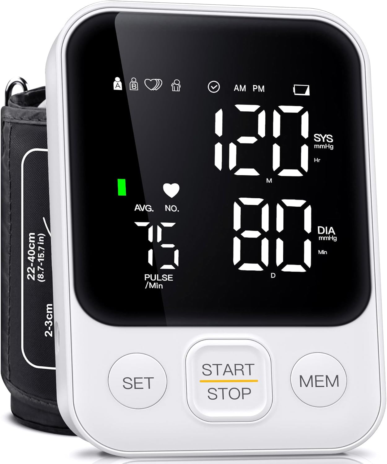 Blood Pressure Monitor Upper Arm Monitors for Home Use BP Machine with 2×120 Reading Memory Adjustable Arm Cuff 8.7″-15.7″ Large Display with LED Background Light Storage Bag White