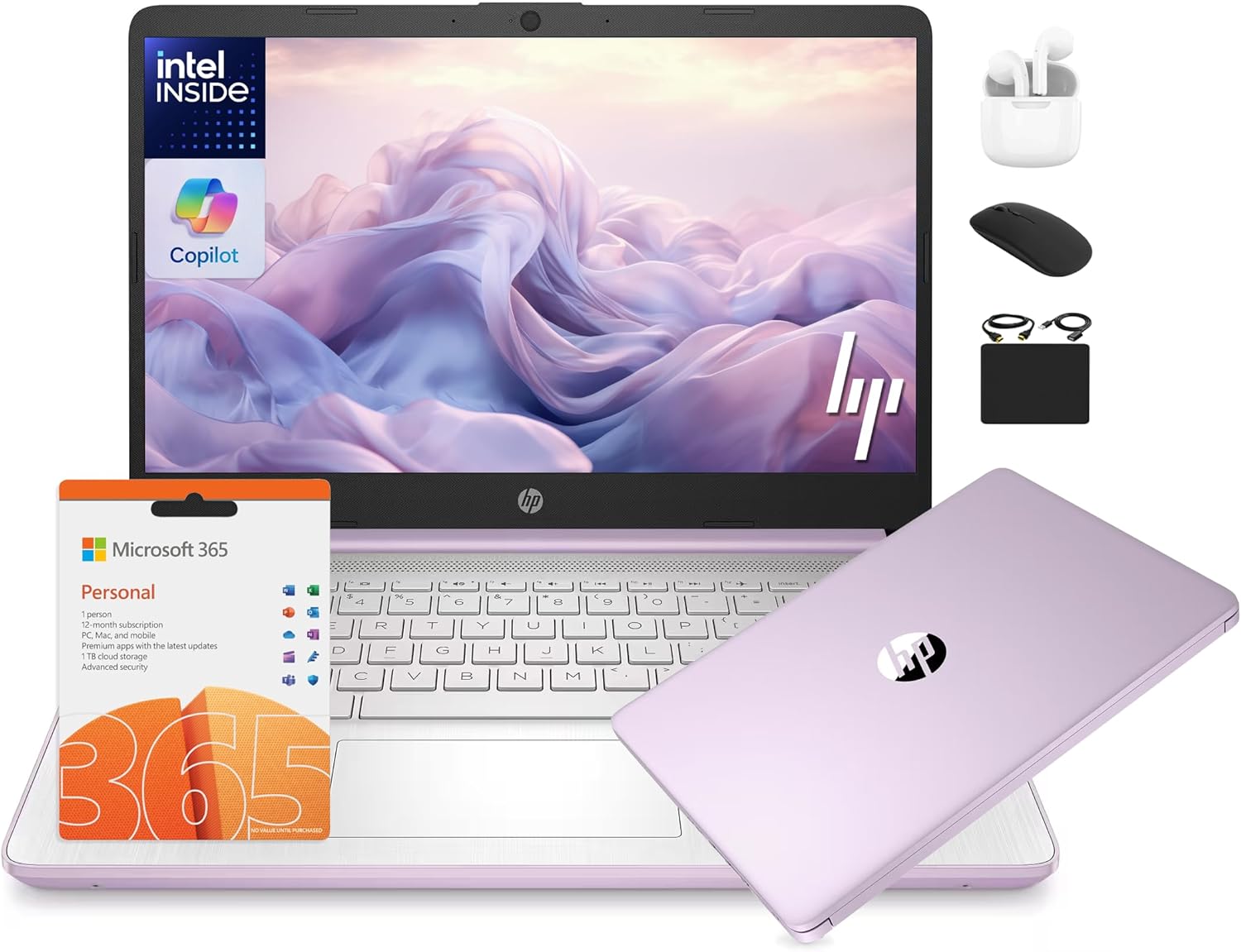 HP 14 Laptop Student Business 2025 Flagship Computer, AI Copilot, 4-Core 13th Gen Intel CPU, 16GB RAM 628GB Storage (128GB UFS+500GB Ext) 1-Yr Office 365 Long Battery HubxcelAccessory Win 11S Lavender
