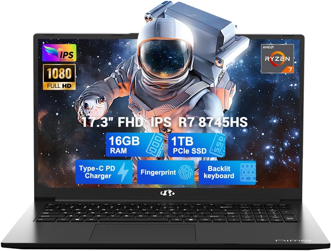 NIMO 17.3″ Light-Gaming-Laptop, 8 Cores AMD Ryzen 7 8745HS 16GB DDR5 RAM 1TB SSD (Beat R9 6900HX, up to 4.9GHz) Radeon 780M GPU IPS FHD Computer with 100W Type-C Fingerprint, Backlit Keyboard
