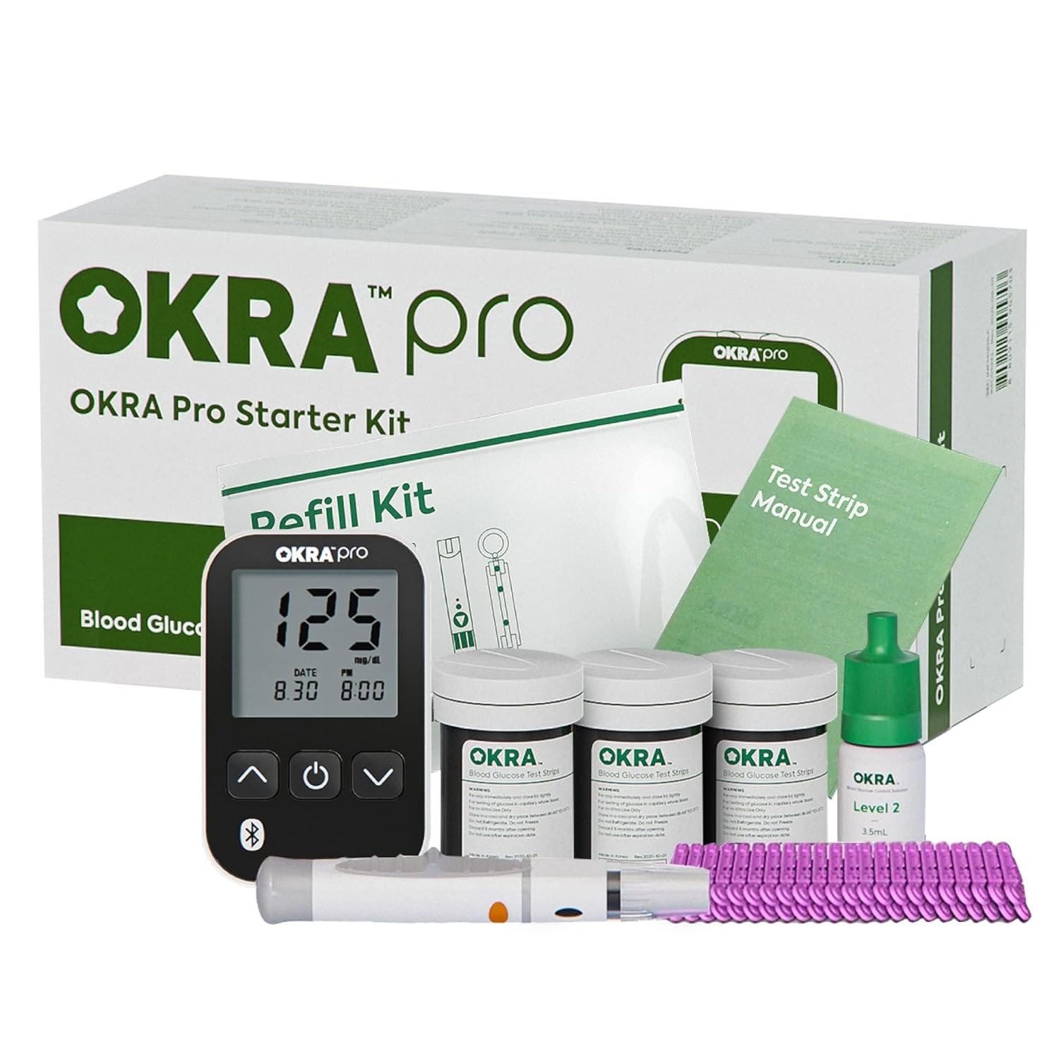 Okra Pro Glucose Monitor Kit + Refill Kit Bundle | Meter, Depth-Adjustable Lancing Device, 125 Test Strips, 125 Lancets, Control Solution and Carry Case