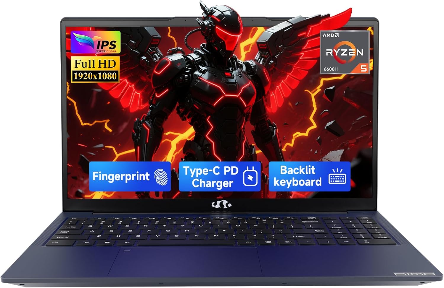 NIMO 15.6″ IPS FHD-Gaming-Laptop,AMD Ryzen 5 6600H 16GB DDR5 RAM 512GB SSD (Beat R5-7520U, 6 Cores Up to 4.5GHz) AMD Radeon 660M GPU-Computer with 100W Type-C Backlit Keyboard Fingerprint