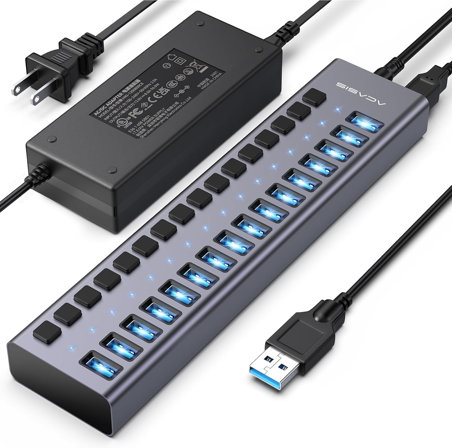 Powered USB 3.2 Hub, ACASIS 16 Ports USB 3.2 Hub with 10Gbps Data Speed，Aluminum Housing, USB Hub Powered with 96W Power Adapter, USB Hub for PC/Laptop, Computer, Flash Drive, Printer, Camera