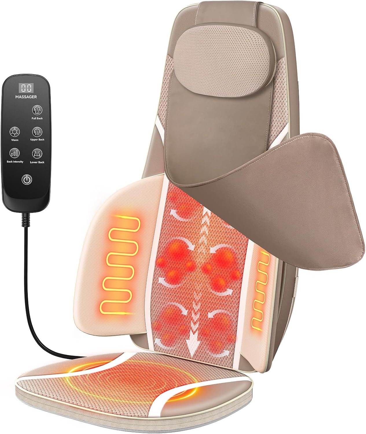 Shiatsu Back Massage Chair Seat Cushion with Heat – 4D Kneading, Full Back Pain Relief, Upper/Lower Back & Lumbar Coverage, Adjustable Intensity & Warmth, Deep-Kneading, Office Chair Massager, Brown