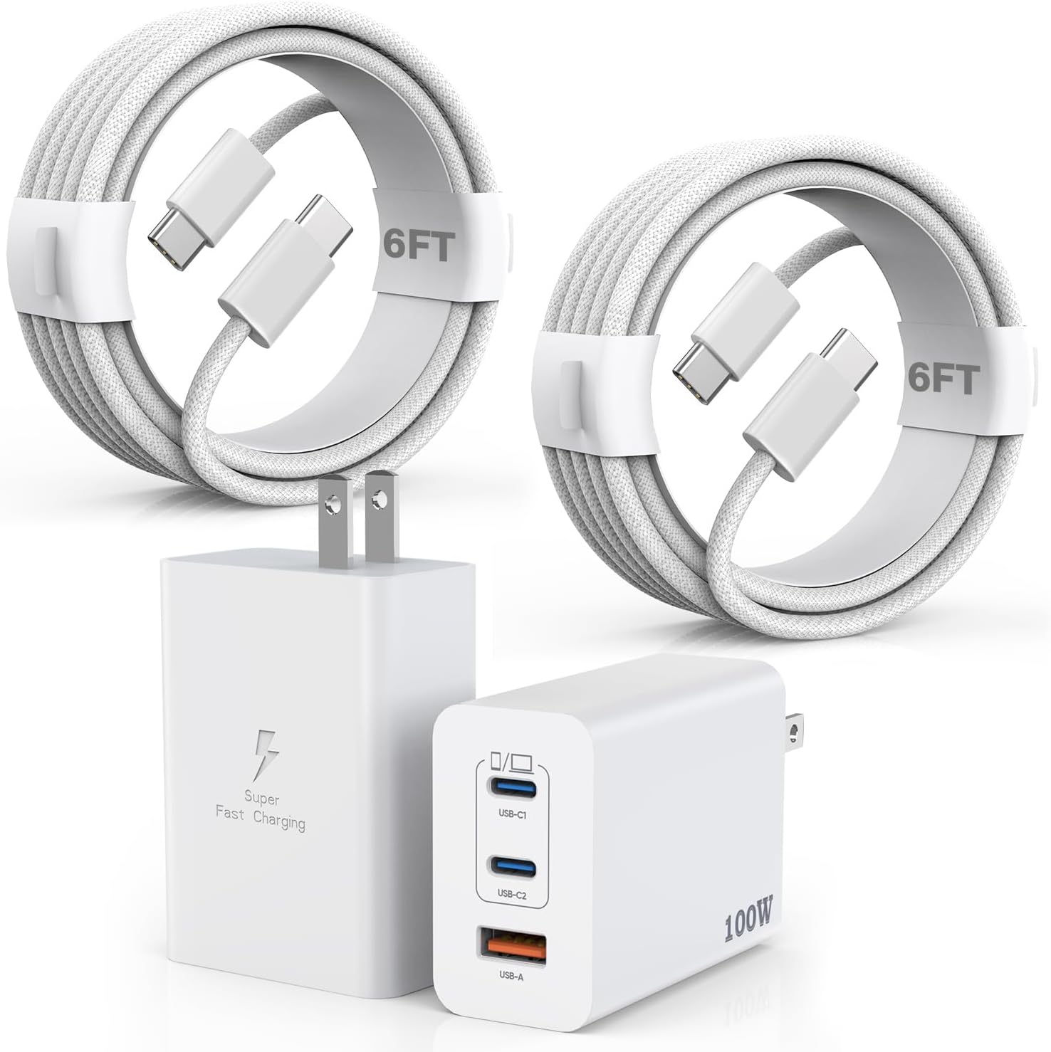 100W USB C Charger, 2Pack 140W USB C to C Woven Cable 6FT Braided Cord 100W Type C MacBook Pro Charger Block 6Foot Super Fast Phone Charging 3 Port PD & AC Charge for MacBook Pro/iPhone 16/15/iPad Pro