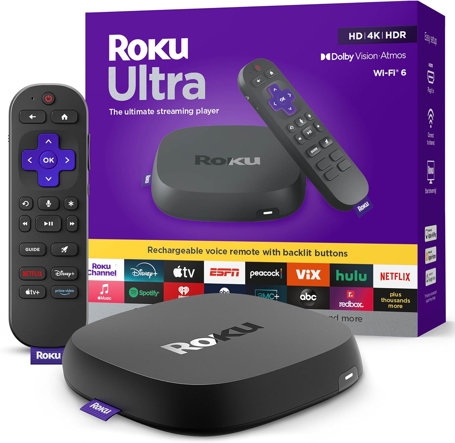 Roku Ultra – Ultimate Streaming Player – 4K Streaming Device for TV with HDR10+, Dolby Vision & Atmos – Bluetooth & Wi-Fi 6- Rechargeable Voice Remote Pro with Backlit Buttons – Free & Live TV