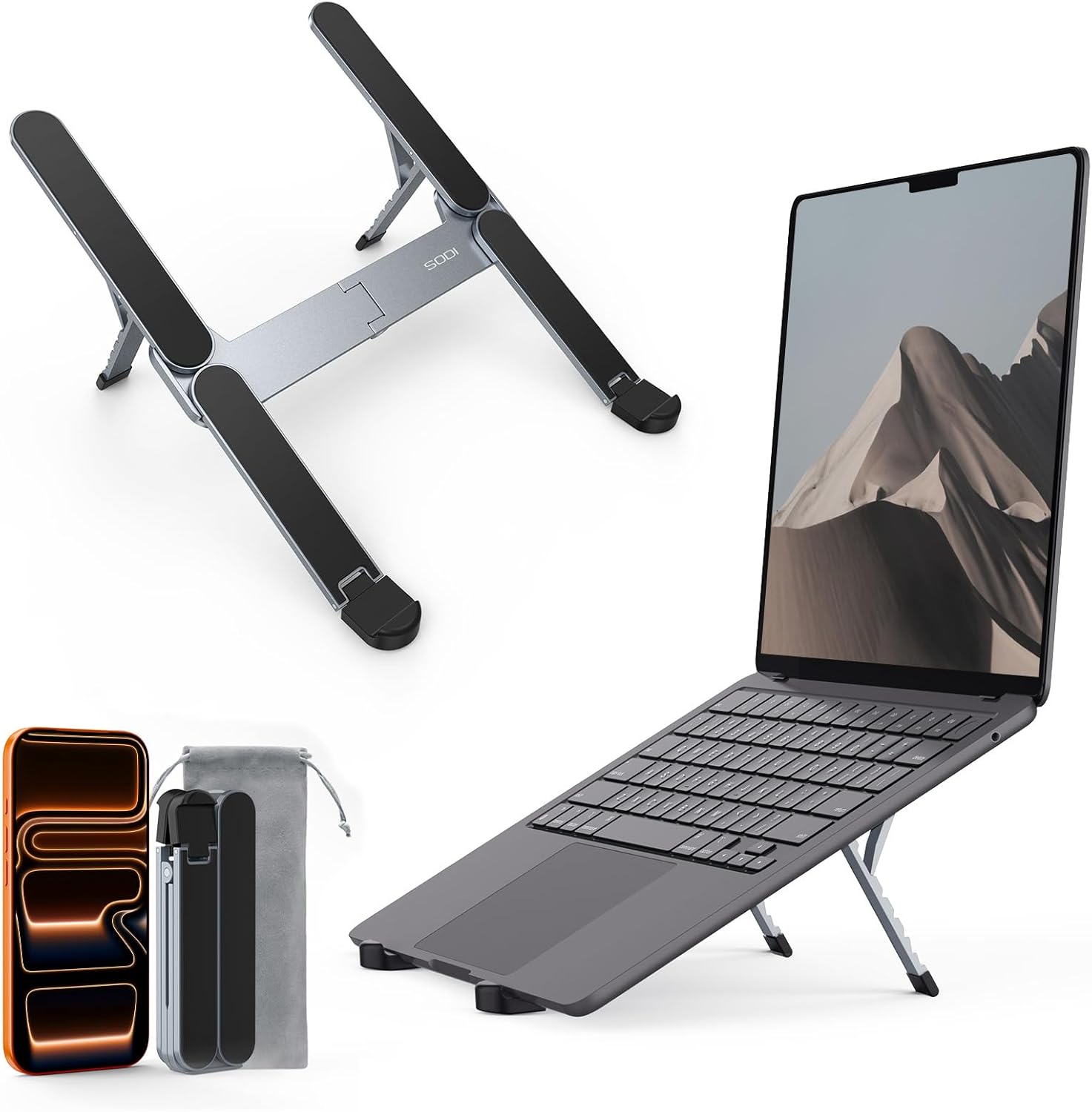 SODI [Ultra Compact] Foldable & Portable Laptop Stand for Desk, Lightweight Tablet Stand for Business Travel, Library, Cafe, 6 Level Height Ergonomic Aluminum Computer Holder for 10-16″ Laptops