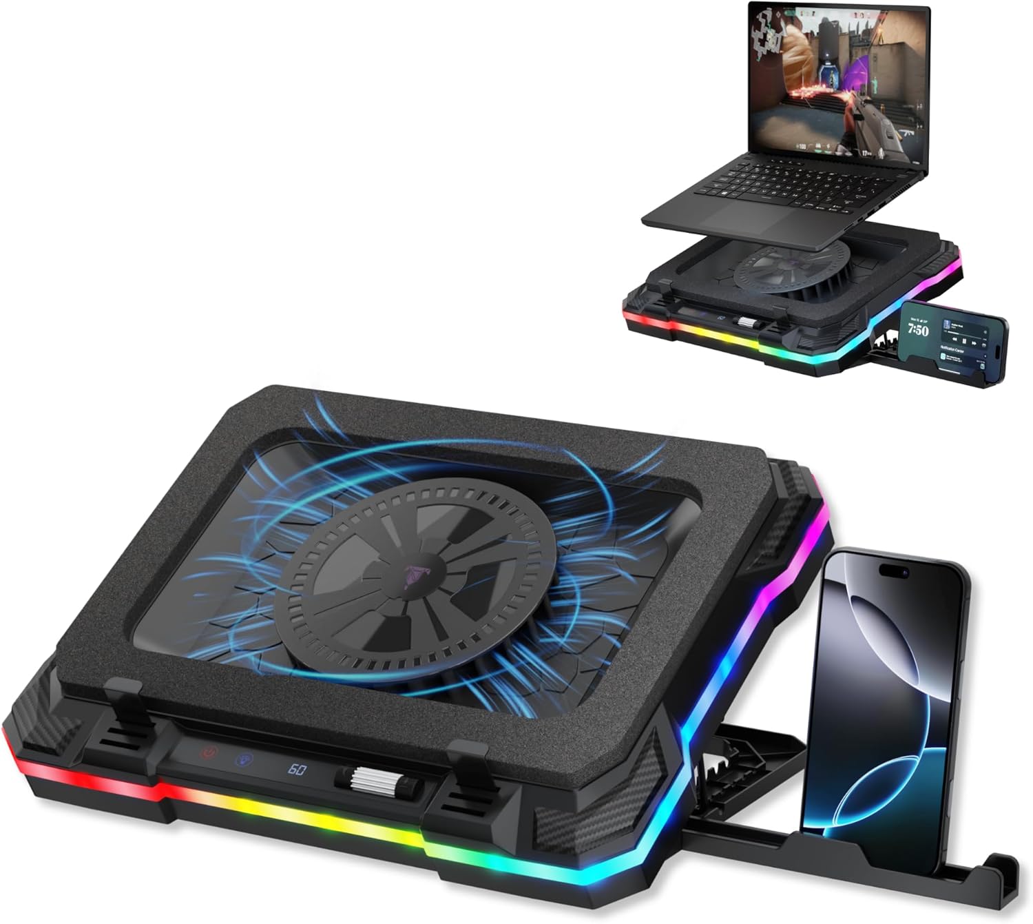 Tilted Nation Gaming Laptop Cooling Pad with USB Hub – Boost Performance, Stay Comfortable – RGB Laptop Cooler Stand with Adjustable Height & Fan Speed, RGB, USB (C + A) Hub, for 15.6″ – 19″ Laptops