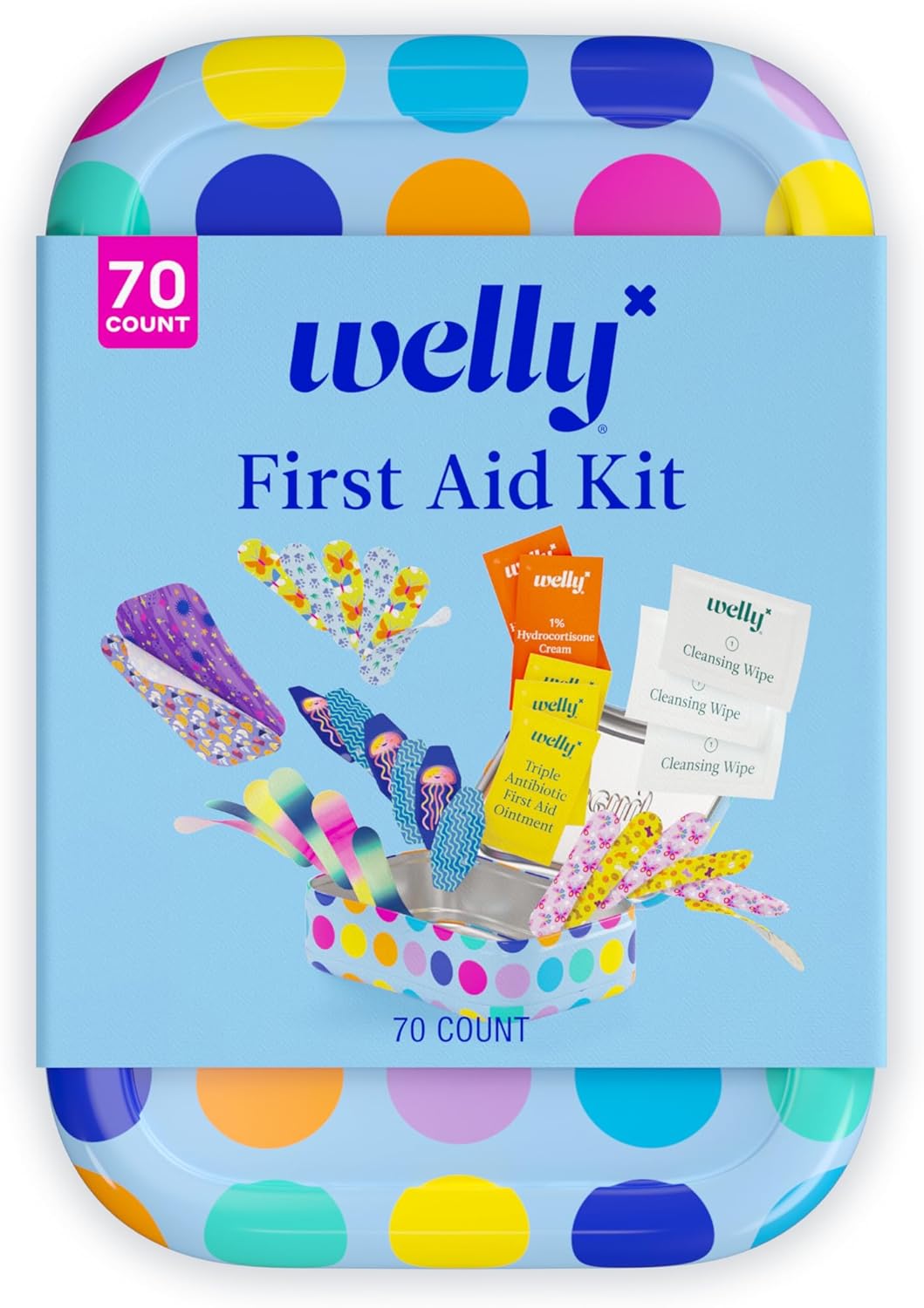 Welly First Aid Kit – Adhesive Bandages in Flexible Fabric and Waterproof, Singe Use Ointments (Triple Antibiotic, Cleansing Wipes and Hydrocortisone) – 70 Count