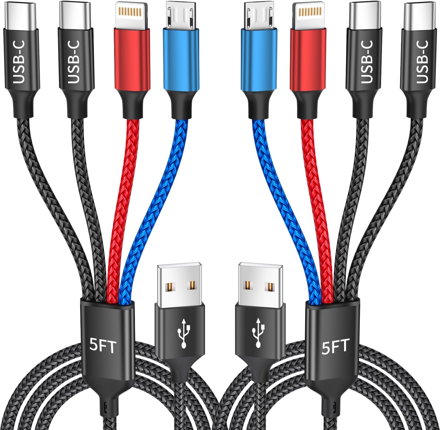 Dual Type-C 4 in 1 Multi Charging Cable for Multiple Devices with 2 USB-C/Lightning/Micro Port, USB Cable iPhone Charger Cord, Travel Charger for iPhone17-8, Android iPad, Stocking Stuffers – 2Pcs 5FT