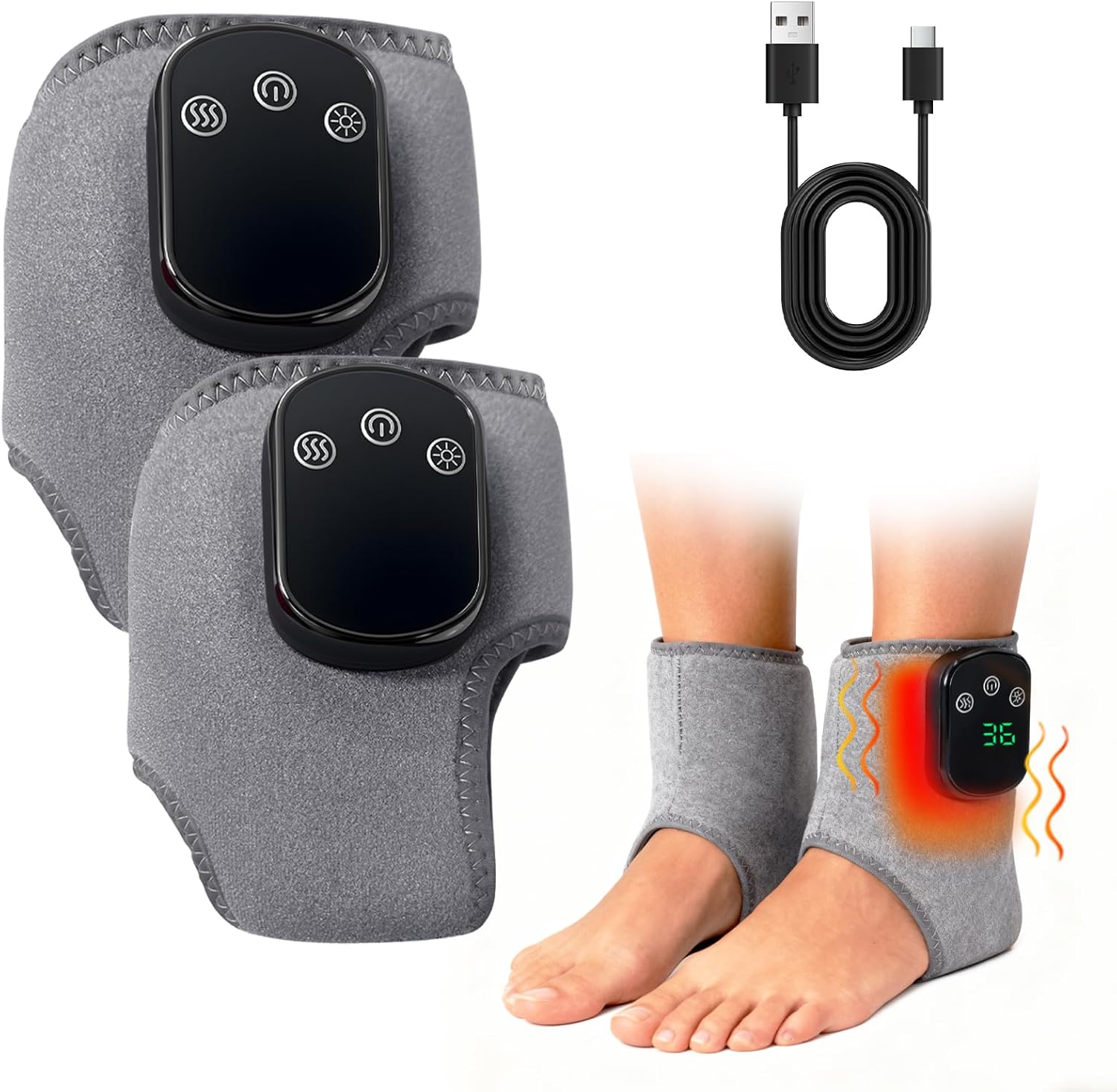 Foot Massager,Wireless 3 in 1 Foot Revive Massager with 3 Vibration Mode,5 Heat Leavel for Both Father and Mother, Wireless & Portable (Gray 2pcs)