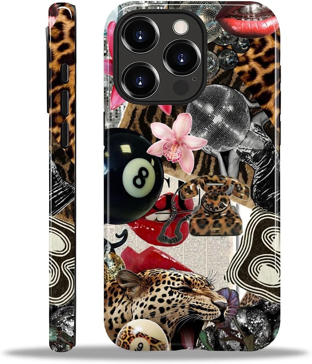 Compatible with iPhone 16 Pro Max Case – Dual-Layer Protection, Hard Shell with Silicone Interior,Slim Scratch Resistant Shockproof for Woman Men – Leopard Print Retro Collage