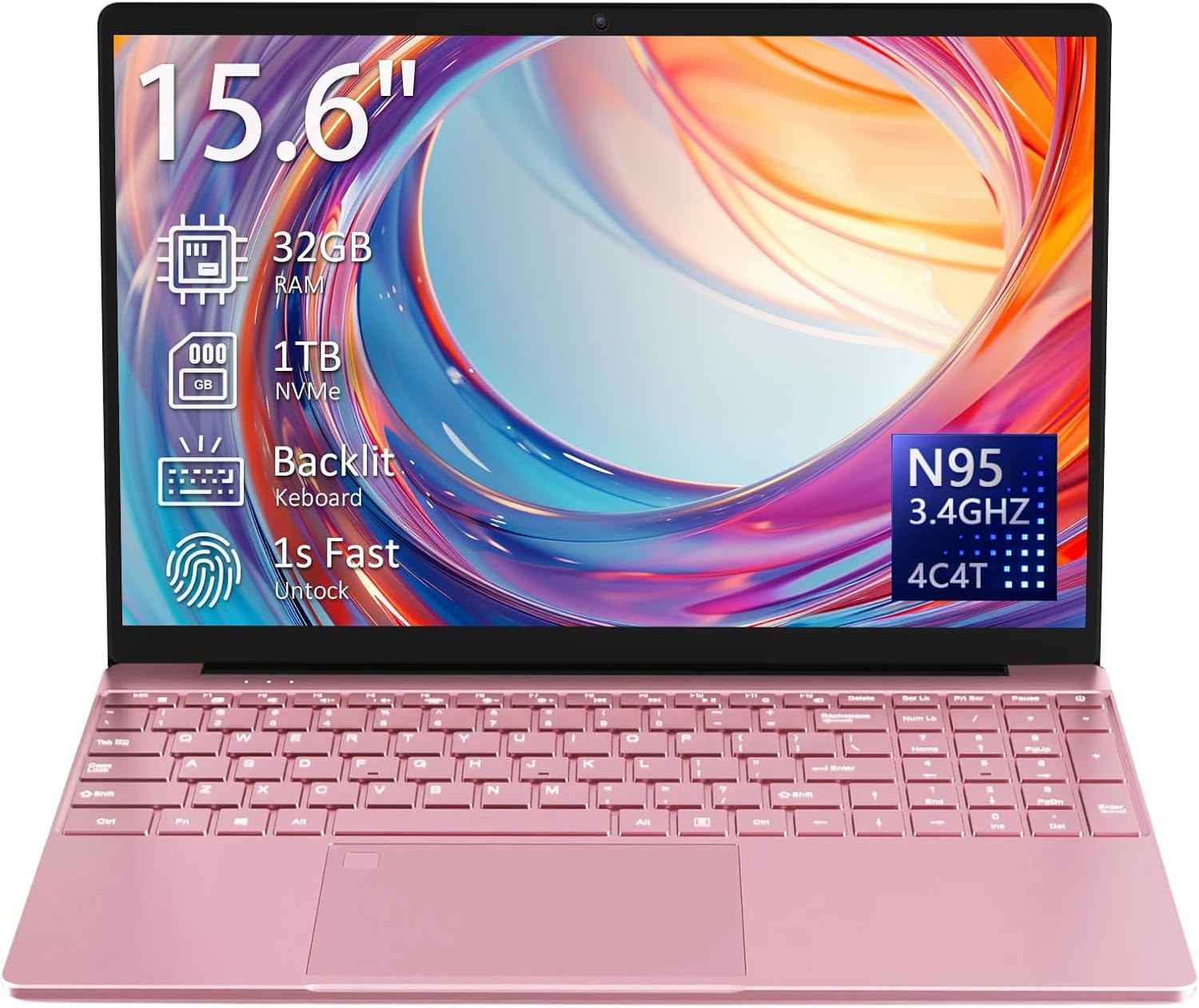 15.6″ Laptop Computer Notebook, 4-Core N95 Processor, FHD Display, Backlit Keyboard, Fingerprint, Webcam, Bluetooth, WiFi, Win 11 Pro, 10TB Upgradeable, T152A, 32GB RAM, 1TB SSD, Pink