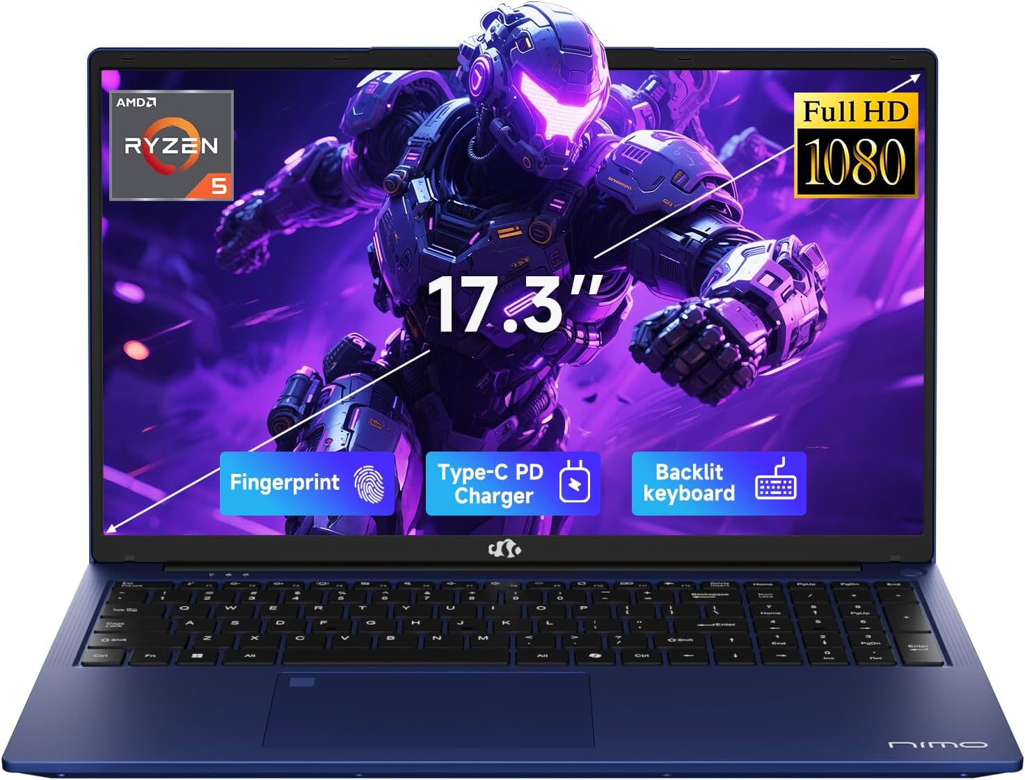 NIMO 17.3″ IPS FHD-Gaming-Laptop, AMD Ryzen 5 6600H 16GB DDR5 RAM 1TB SSD (Beat i7-1165G7 Up to 4.5GHz) Radeon 660M GPU-Computer with 100W Type-C Backlit Keyboard Fingerprint