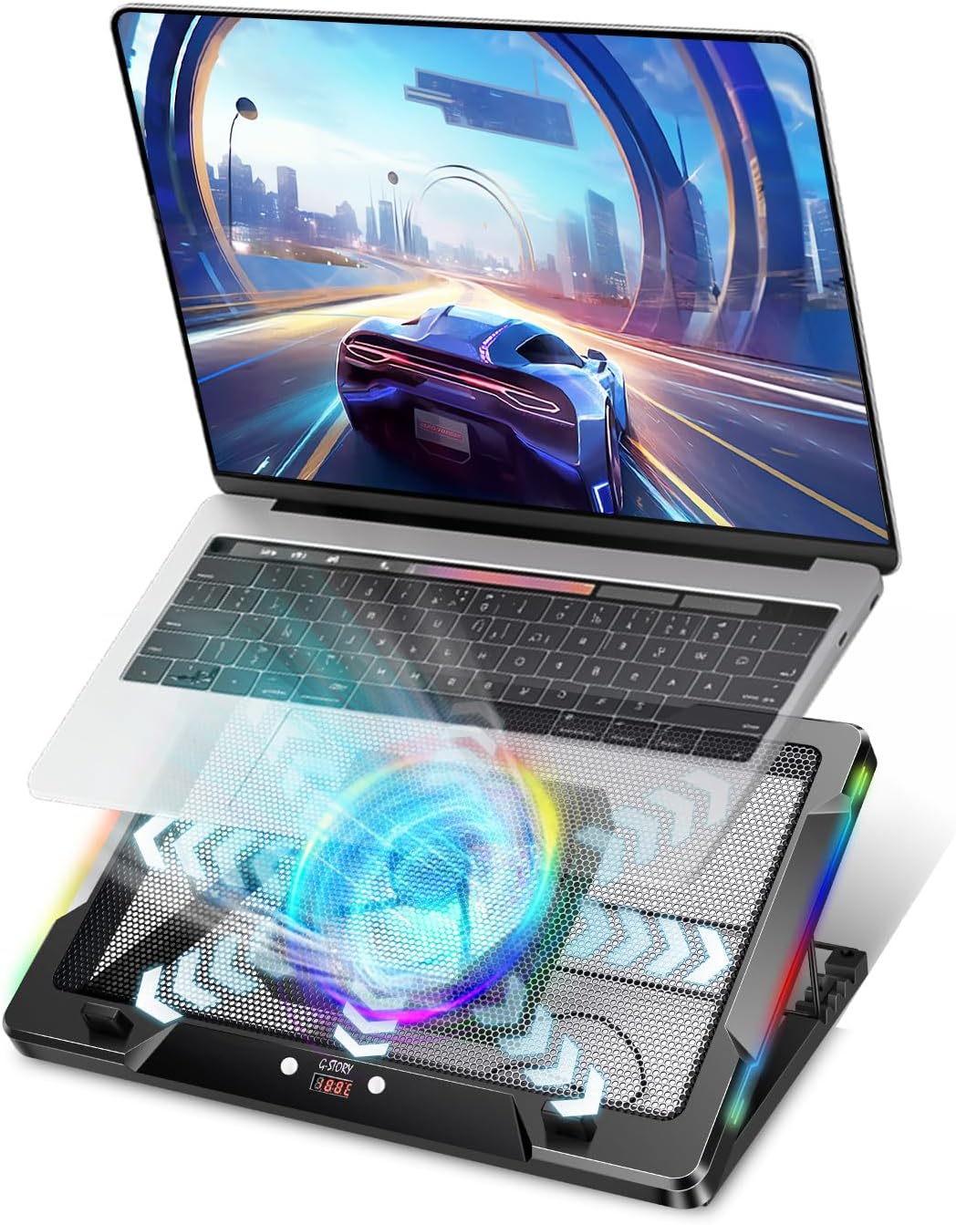 G-STORY Gaming Laptop Cooling Pad with Movable Fan and Automatic Speed Adjustable by Temperature,Music Sync RGB Light,Low Noise Laptop Cooler 3 Speed 1500/1750/2000RPM(140MM) Stand 12–18″ Notebook