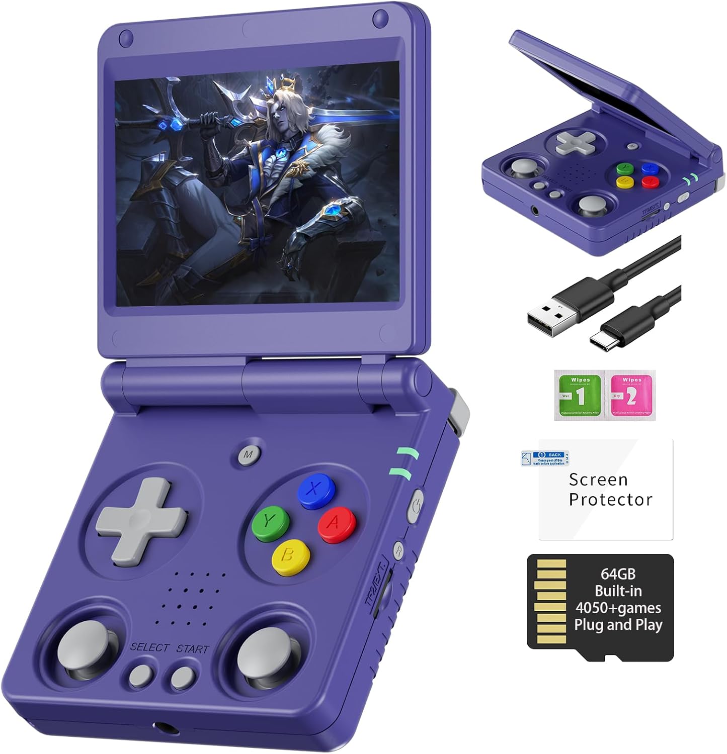 RG34XXSP Retro Handheld Game Console Linux 3.4 inch IPS Screen 720*480 5000+ Classic Games 64G Card RG 34XXSP Retro Gaming Console Handheld 3300mAh Battery Compatible with WiFi HDMI Bluetooth Purple