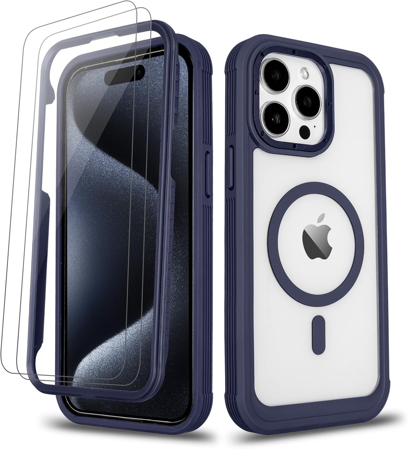 for Clear iPhone 15 Pro Max Case with 2 Screen Protectors, Compatible with MagSafe, Anti-Yellowing, Full-Body Phone Cover for iPhone 15 Pro Max Case (Clear & Blue)
