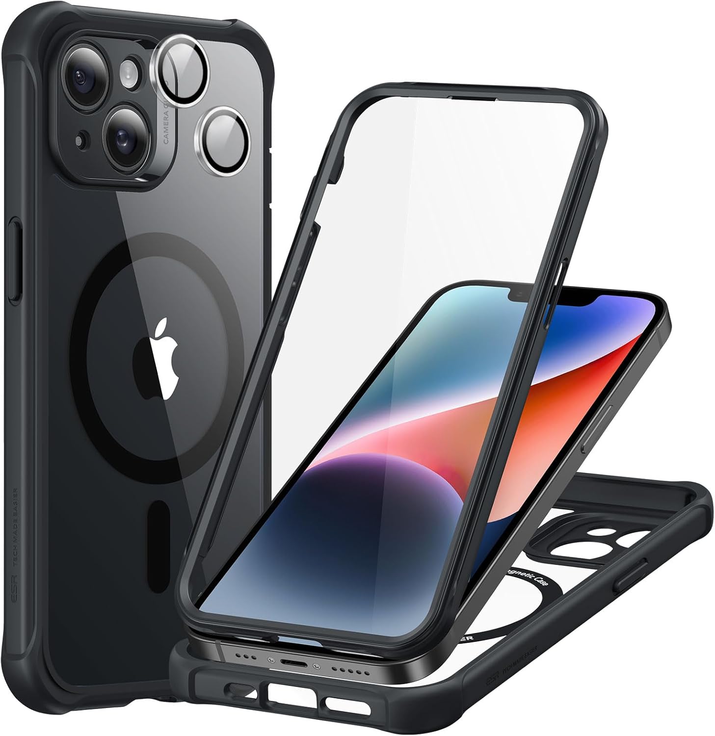 ESR for iPhone 14 Case, Compatible with MagSafe, Full-Body Military-Grade Drop Proof Case with Built-in 9H+ Tempered Glass Screen Protector, Armor Series, Clear Black