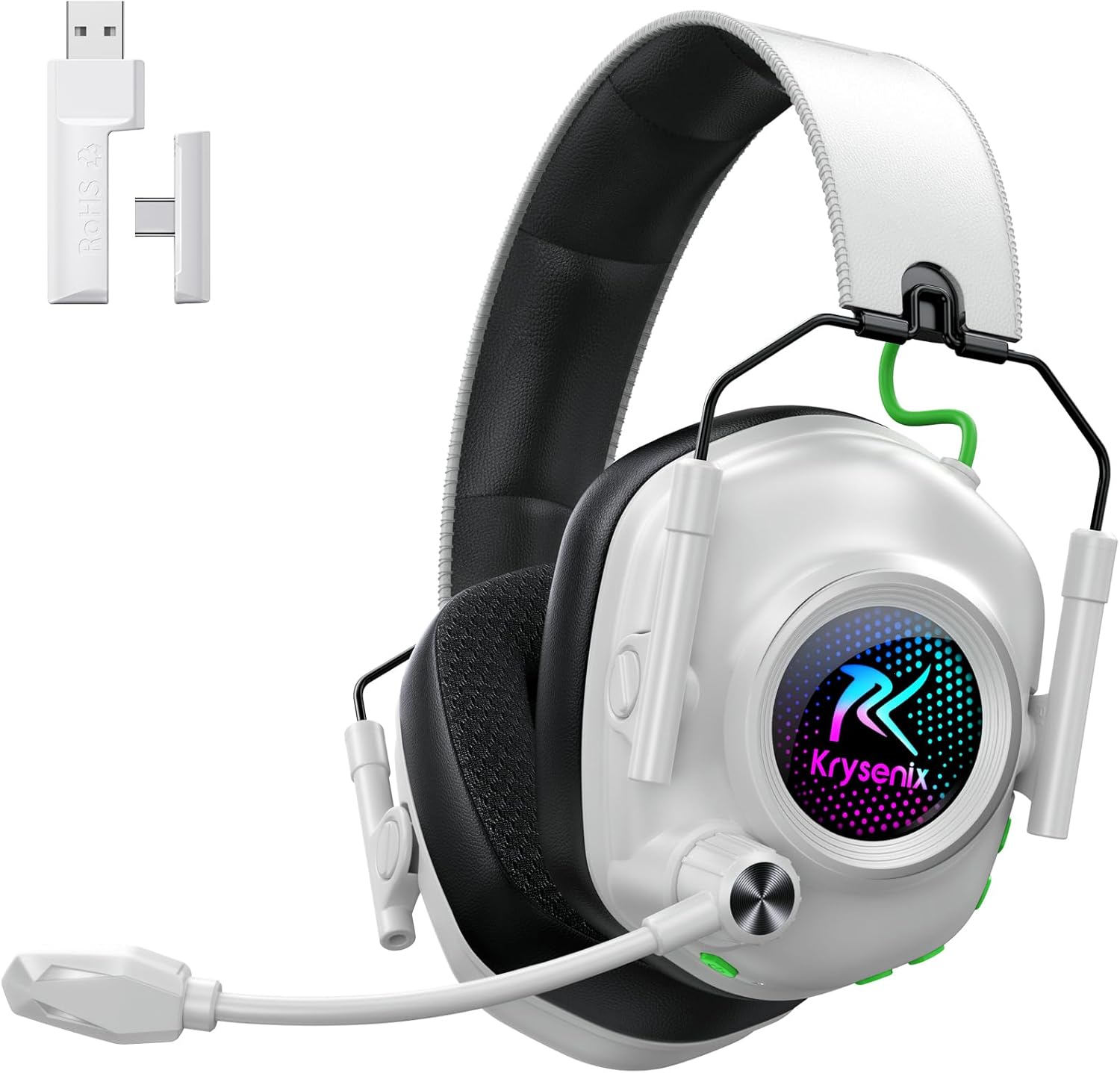 Wireless Gaming Headset with Noise Canceling Microphone for PC, PS5, PS4, Switch, Mac, 2.4 GHz Wireless & Bluetooth 5.4 Gaming Headphones, Cool RGB Lighting, 50Hr Battery, 50mm Drivers(White Black)