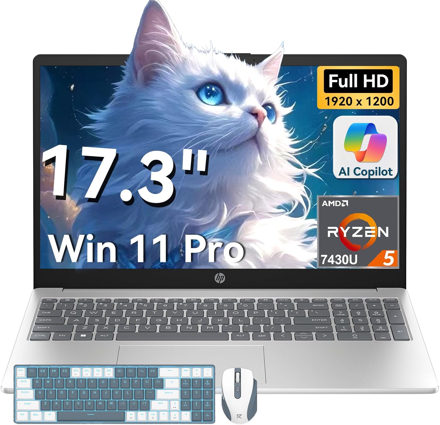HP 17 inch laptops, AMD Ryzen 5 7430U(Beats i7-1165G7), 32GB RAM 1TB NVMe SSD Windows 11 Pro, 17.3″ FHD IPS, Copilot AI, Numeric Keyboard, Type-c, Patented KB Kit
