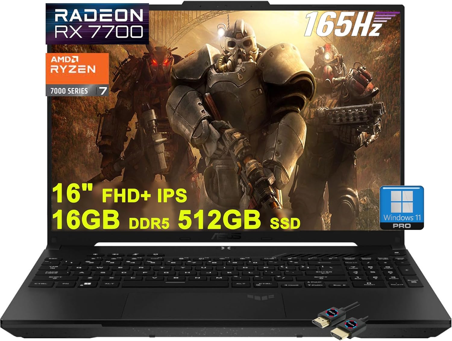 ASUS TUF Gaming A16 Laptop | 16″” FHD+ 165Hz 100% sRGB | AMD 8-core Ryzen 7 7735HS | 16GB DDR5 512GB SSD | Radeon RX7700S 8GB Graphic (>RTX4060) | Backlit USB-C USB4 Win11Pro + HDMI Cable, Black