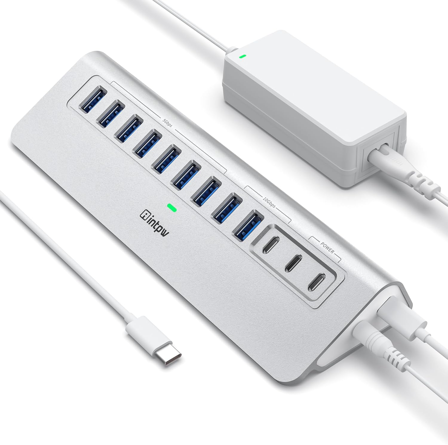 Powered USB Hub 10Gbps, intpw 12 Port USB C Hub with 10Gbps USB C 3.2+2 USB A 3.2, 7 USB 3.0, 2 PD 45W Charging Port, 65W Power Adapter and 3.3FT Cable, Aluminum USB Hub for Laptop/iPhone 17/16/15 /PC