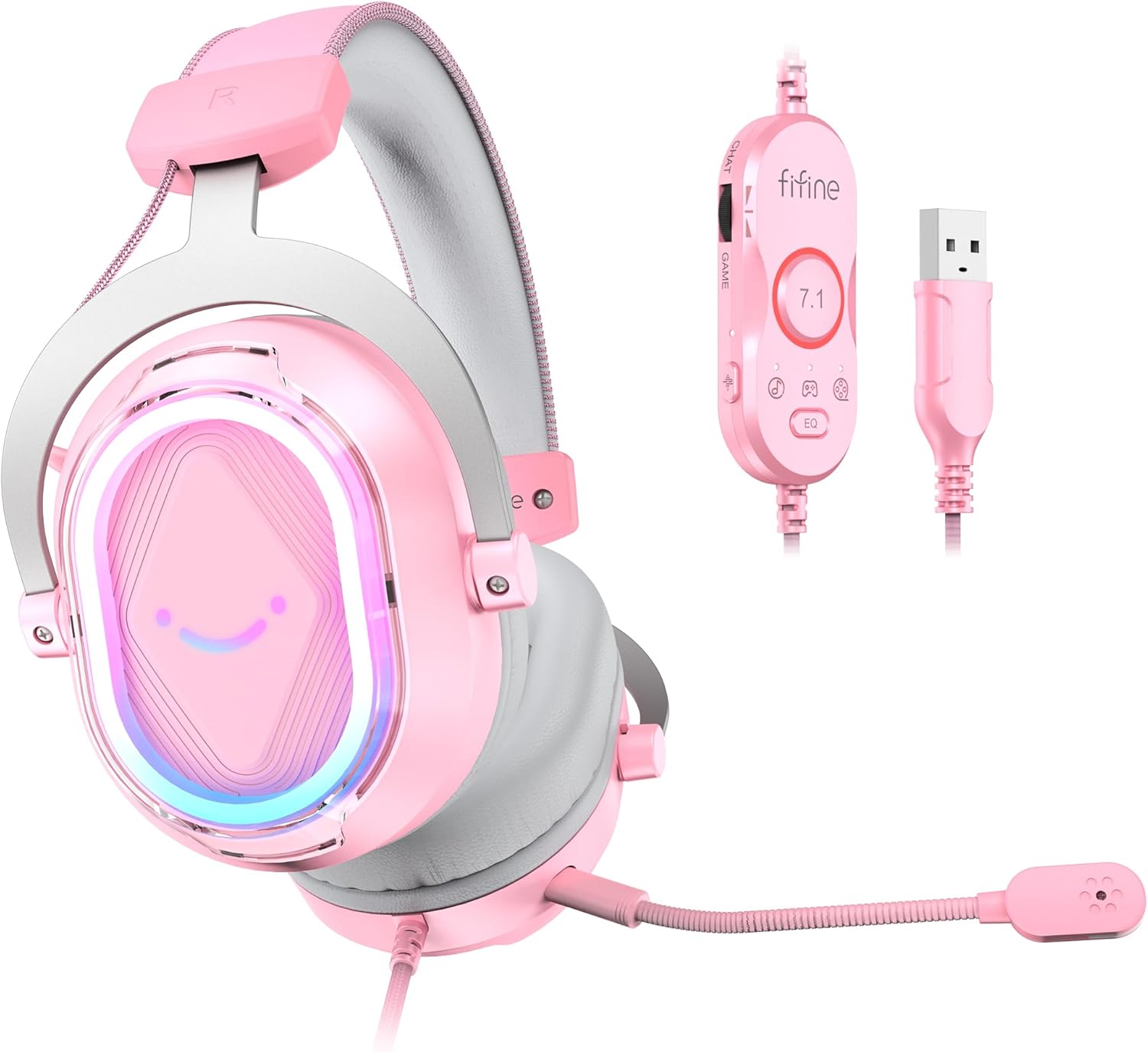FIFINE Wired RGB Gaming Headset, PC Over-Ear Streaming Headset with USB, 7.1 Surround Sound, Noise-Cancelling Mic, Soft Ear Pads, 4 EQ Modes for PC, Laptop, Mac, PS4, PS5 – AmpliGame H13P (Pink)