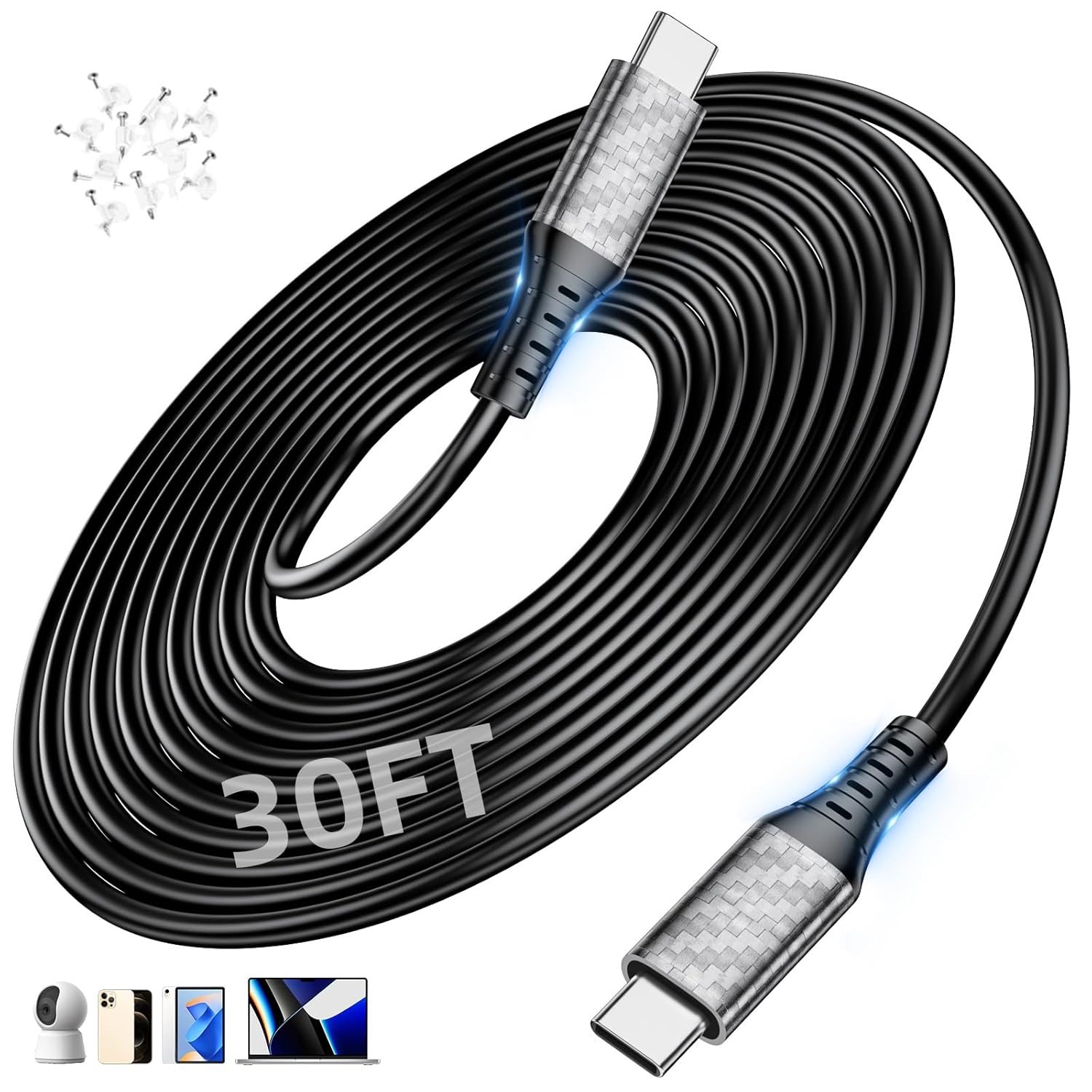 60W Charging Cable USB C to USB C Cord 30ft PD Fast Charge Cable for iPhone 17 16/Samsung S25 S23/Pixel 10 9, (Only Charge) Type-C Power Extension Cable for MacBook/Laptop/Security CCTV Camera, Black
