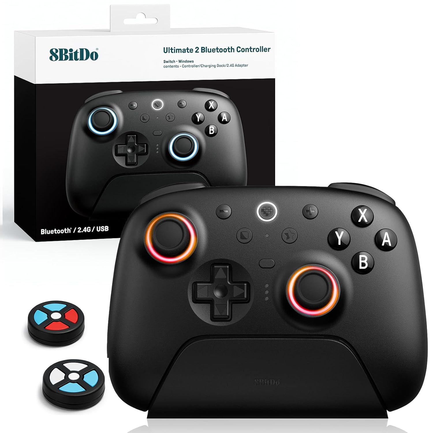8Bitdo Ultimate 2 Bluetooth Controller (TMR Joystick Update), RGB Fire Ring, Switchable Hall Effect/Tactile Triggers, Vibration and Motion Control for Switch/Switch 2, Windows PC (Black)