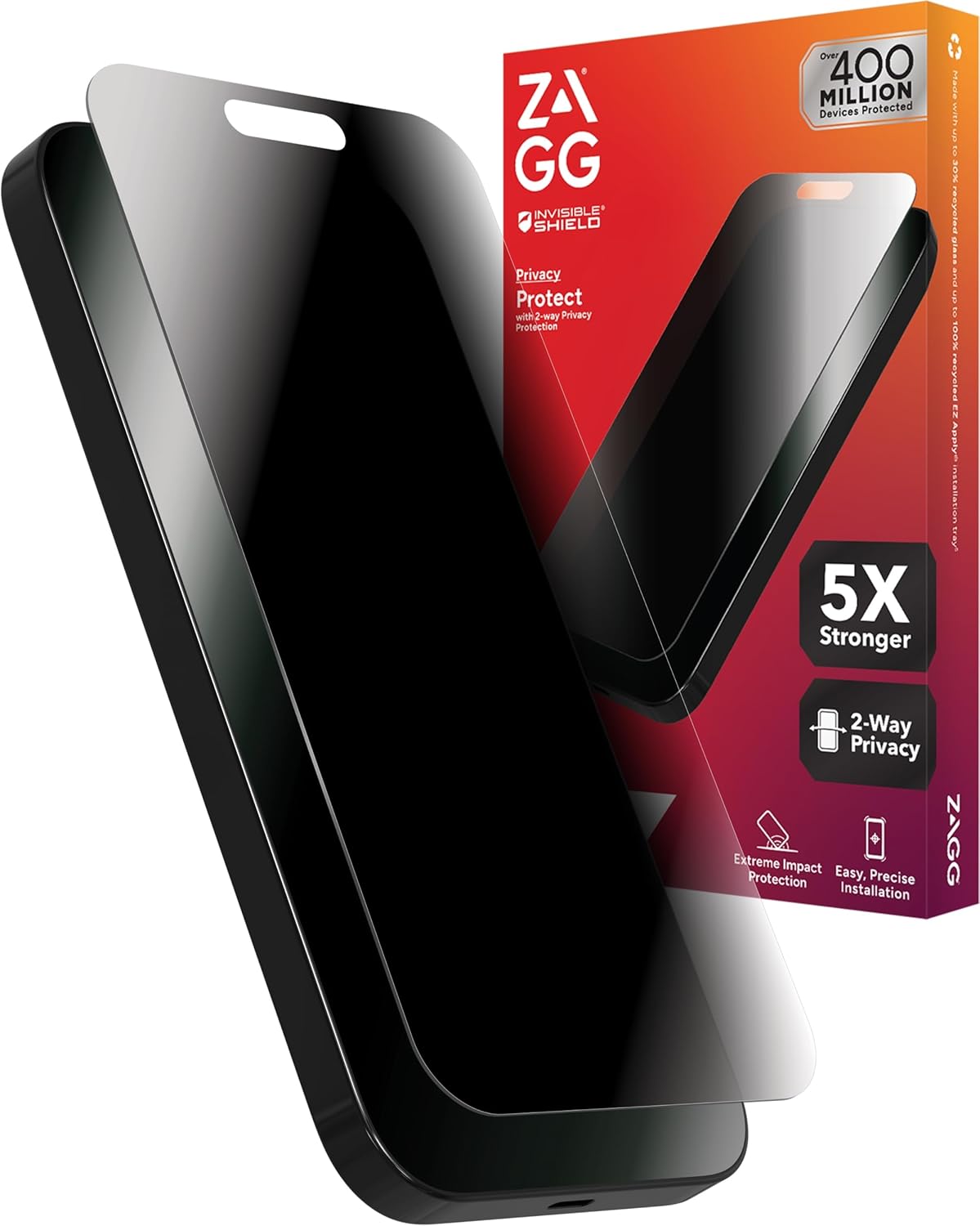 ZAGG Glass Elite Privacy iPhone 15 Pro Max Screen Protector – 5X Stronger with Reinforced Edges, 2-Way Privacy Filter, Scratch & Smudge-Resistant Surface, InvisibleShield, Easy to Install