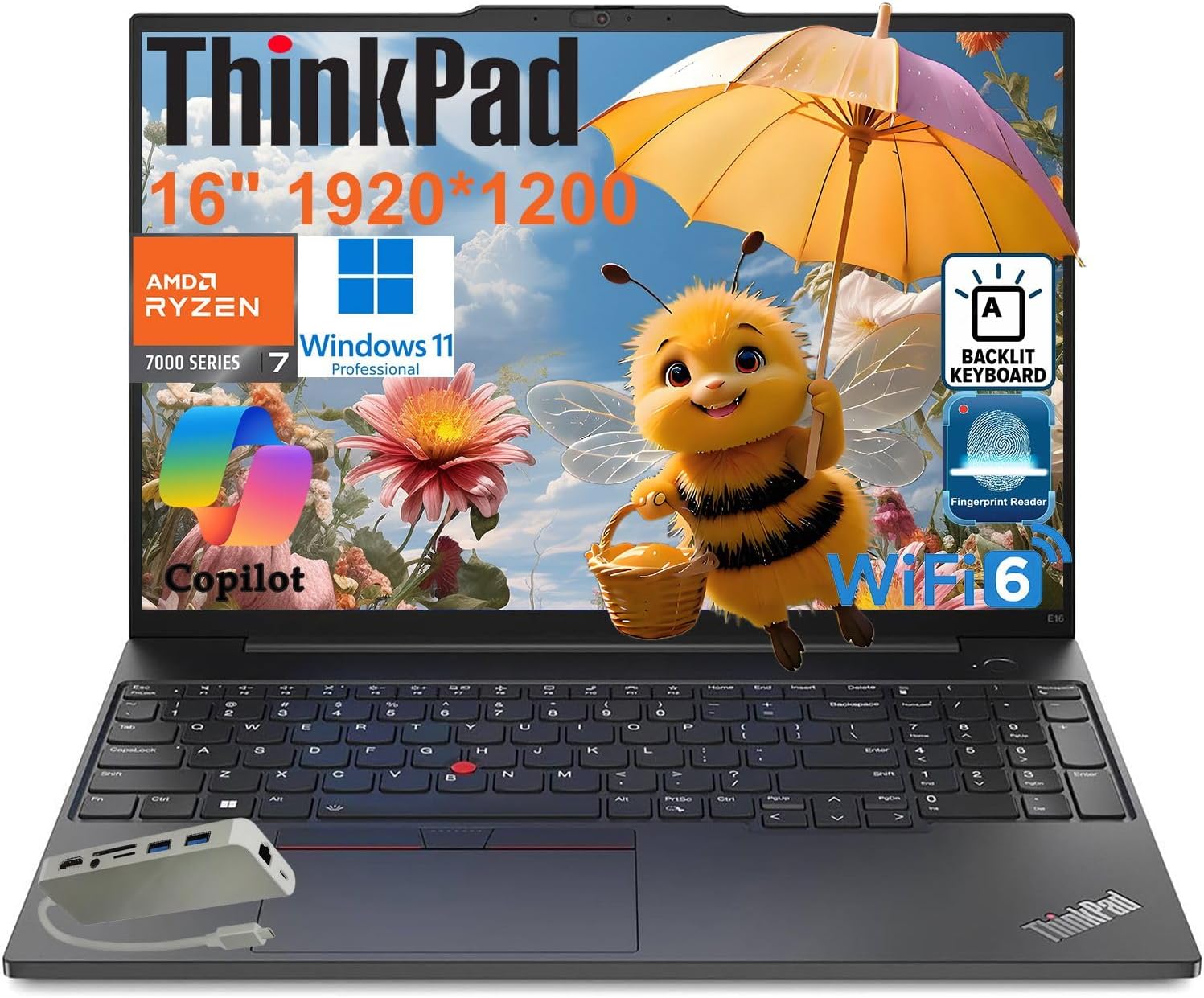 Lenovo ThinkPad E16 Gen 2 Business Laptop Computer, AMD 8-Core Ryzen 7 7735HS, 16GB DDR5 RAM, 1TB PCIe SSD, 16″ FHD+, WiFi 6, Backlit KB, Fingerprint Reader, Windows 11 Pro, Type C Hub, Vent-Hear