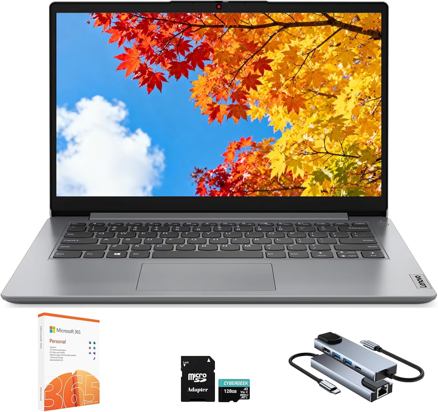 Lenovo IdeaPad 1 1i 14″ Laptop with 1-Year Microsoft 365, Intel Processor, 8GB RAM, 128GB eMMC + 512GB SSD, SD Card Reader, Privacy Camera, Long Battery Life, with Accessories, Win 11 Pro