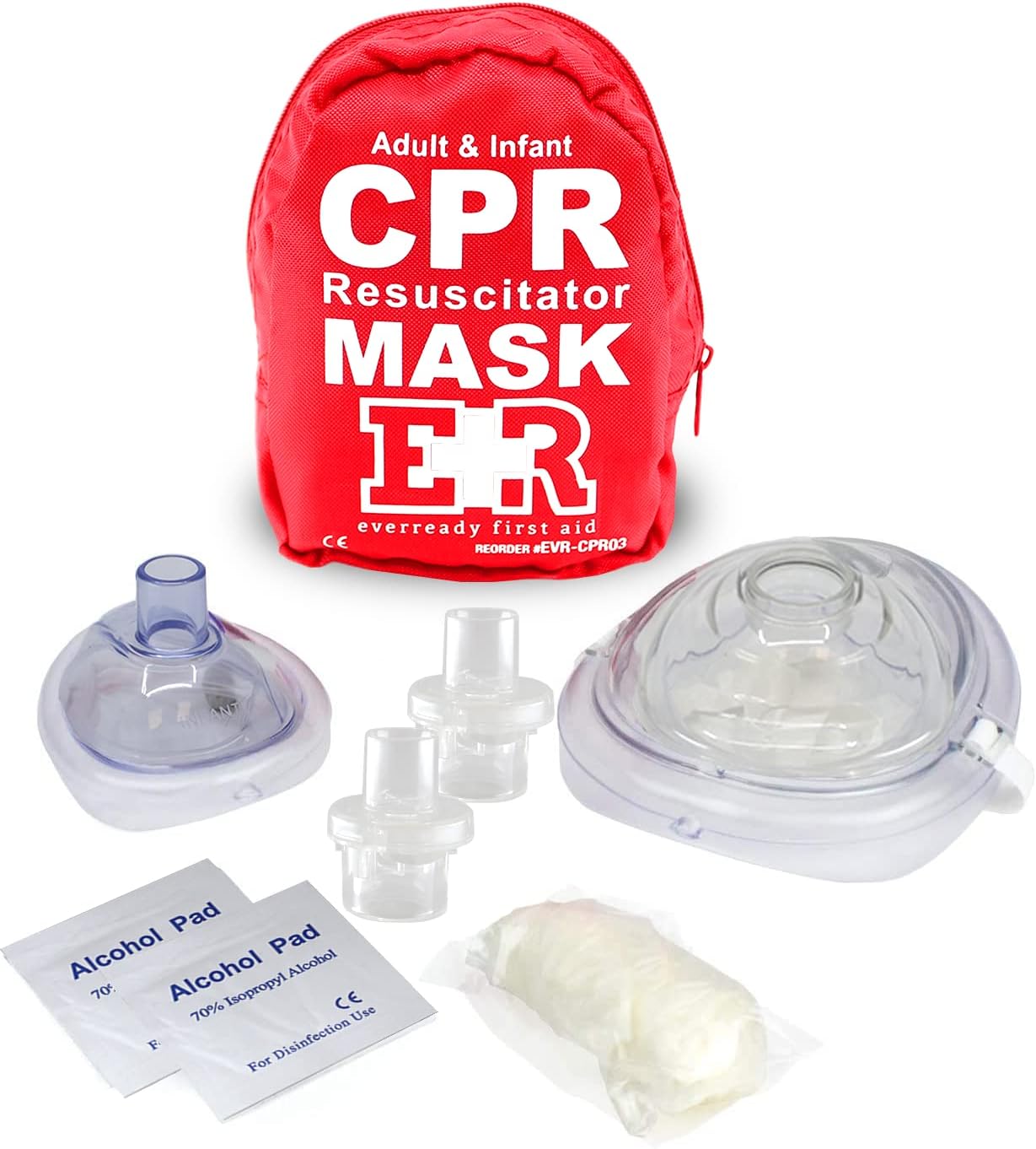 Adult and Infant CPR Mask Combo Kit – Includes 2 CPR Masks with One-Way Valves, Pair of Vinyl Gloves, 2 Alcohol Prep Pads – Portable Emergency CPR Kit – Red