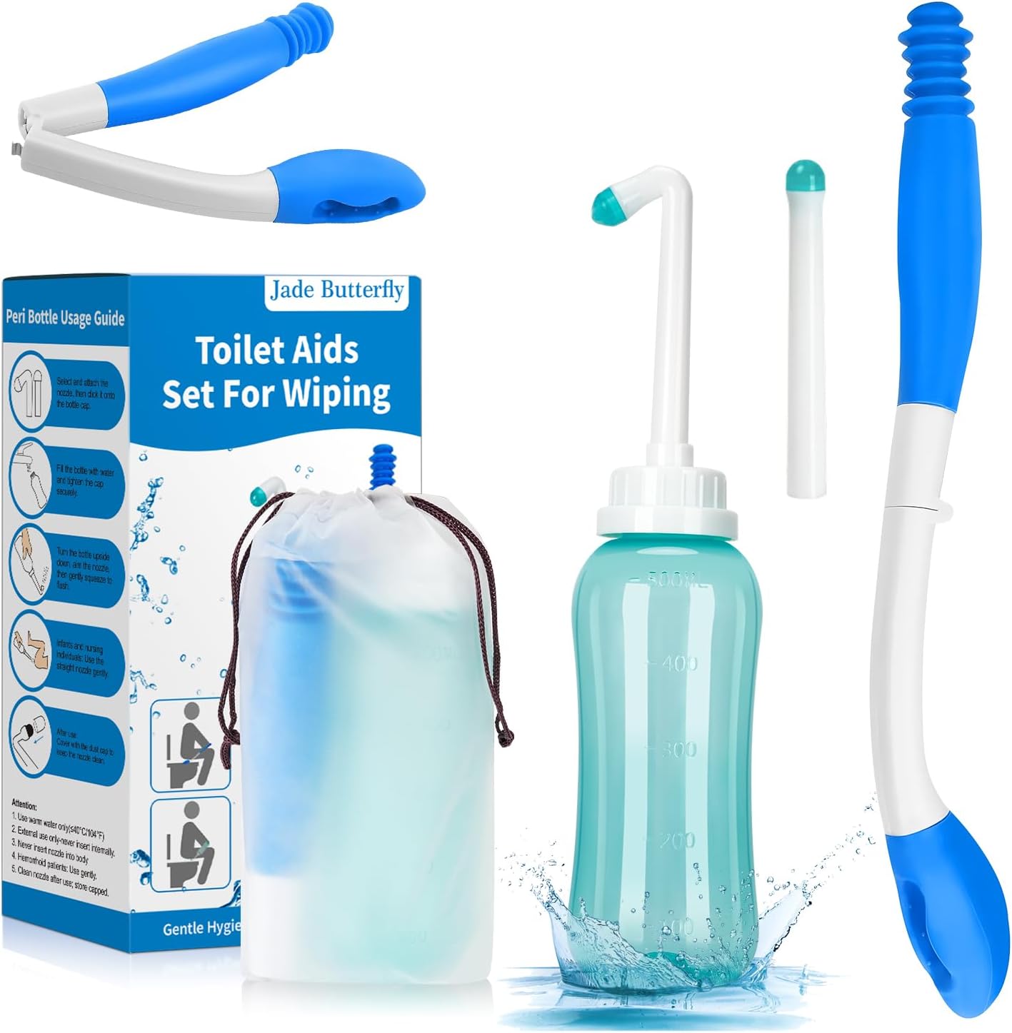 Foldable Toilet Aids Set for Wiping – 2PCS Personal Hygiene Kit with Collapsible Butt Wiper Tool & Dual-Nozzle Peri Bottle , Wiping Aid for Post-Surgery Recovery, Elderly and Travel Use (Blue, Ultra)