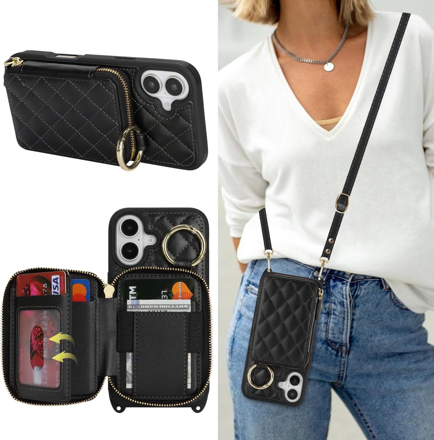 Crossbody Wallet Case for iPhone 17, PU Leather Zipper Handbag Purse Flip Cover, Kickstand Folio Case with Card Slots Holder Wrist Strap Lanyard 5G 6.3 Inch-Black