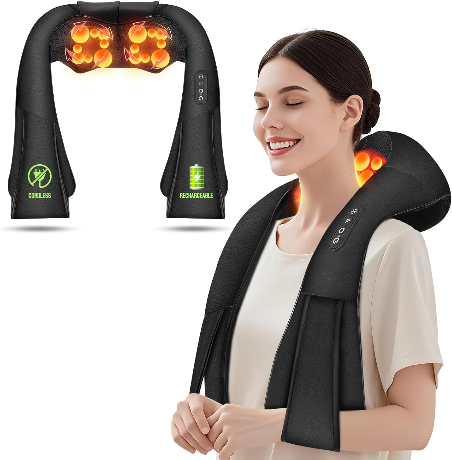 Cordless Shiatsu Neck and Shoulder Massager, Back Massager with Heat,Massage Deeper Tissue 4D Kneading Massage for Shoulder, Neck and Back, Use at Home, Office, Car – Gifts for Fathers Day Dad Gift