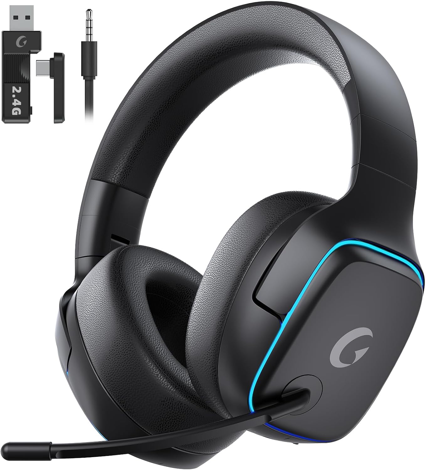 2.4GHz Wireless Gaming Headsets for PS5, PS4, PC, Switch – Bluetooth 5.3 Gaming Headphones with Noise Canceling Mic, 7.1 Surround Sound, 70H Battery, Blue Lighting – Black