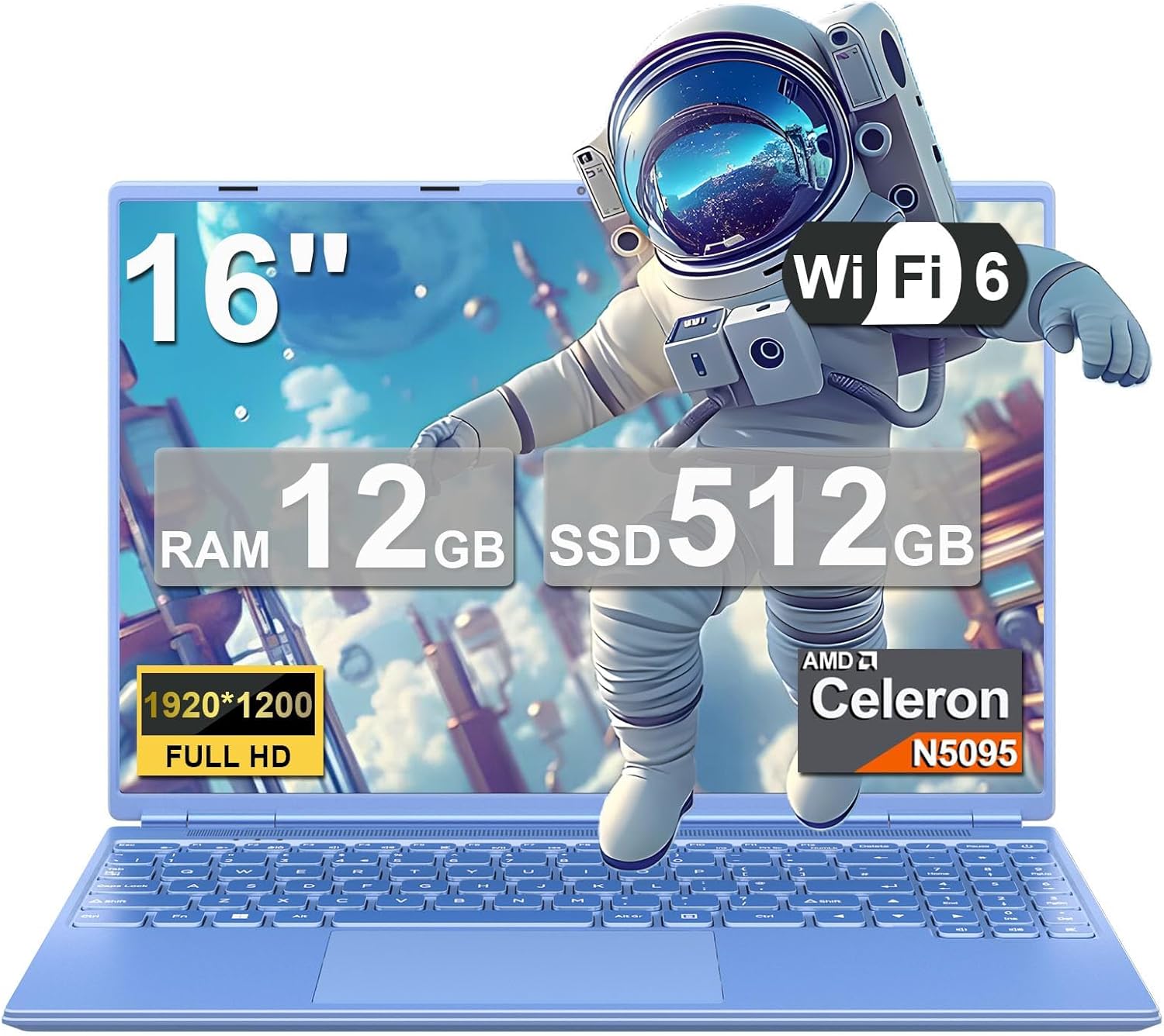 2025 16 Inch Gaming Laptop N5095 (Up to 2.9 GHz) 12GB+512GB SSD Support 1TB Expand Win 11 Laptops 1920 * 1200 FHD Screen 5G WiFi BT 4.2 Webcam Cooling Fan Numeric Keypad-Blue