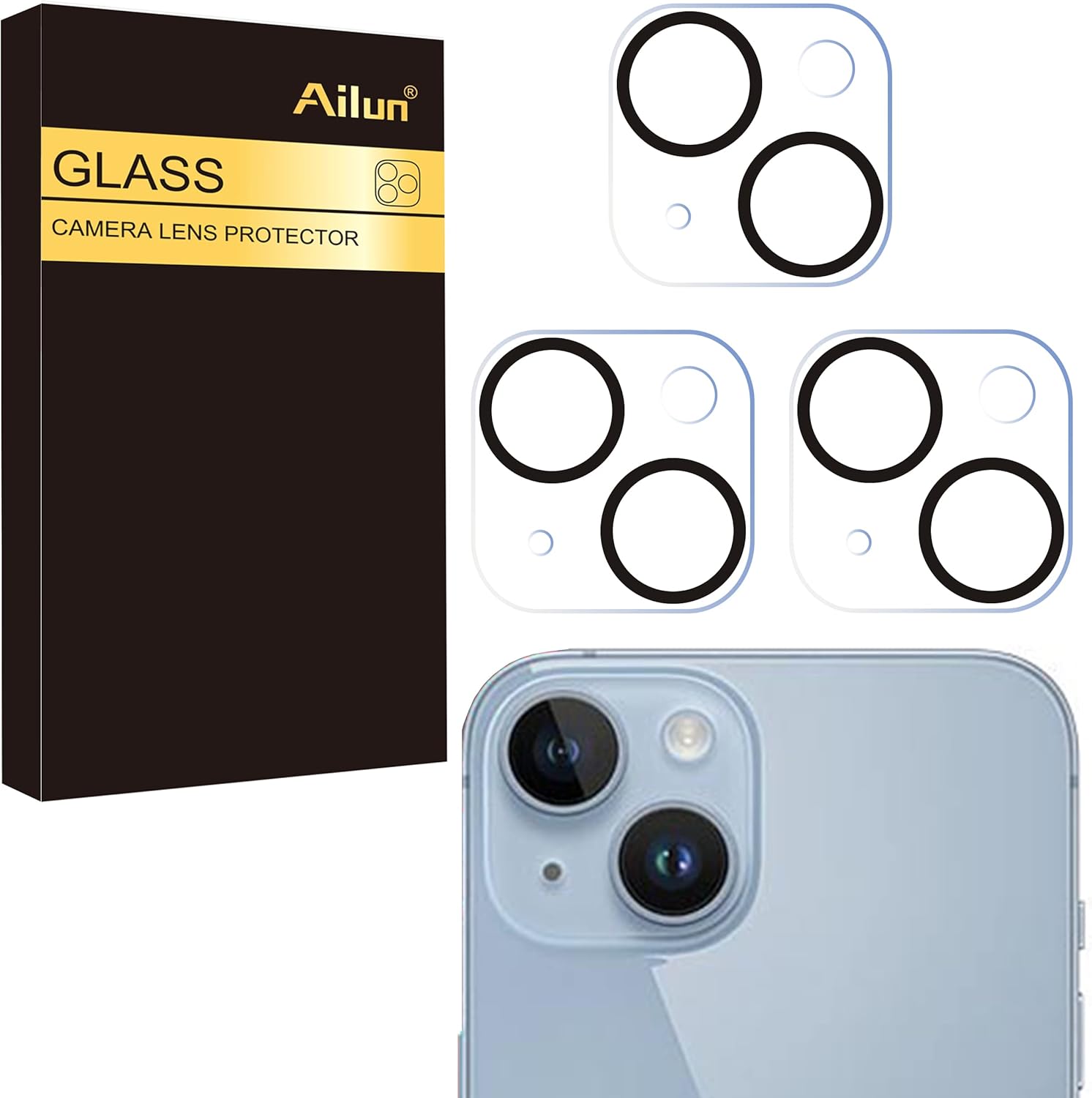 Ailun 3 Pack Camera Lens Protector for iPhone 15 / iPhone 14 ＆ iPhone 15 Plus/iPhone 14 Plus,Tempered Glass,9H Hardness,Ultra HD,Anti-Scratch,Case Friendly,Does not Affect Night Shots