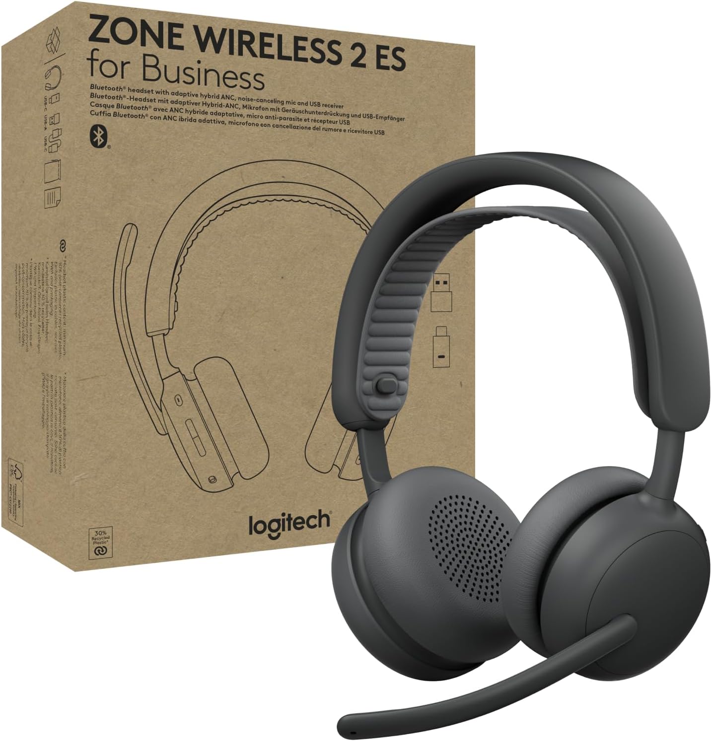 Logitech Zone Wireless 2 ES for Business – Noise-Canceling Wireless Headset with Adaptive Hybrid ANC, Bluetooth, USB-C & USB-A, Microsoft Teams Certified – Graphite
