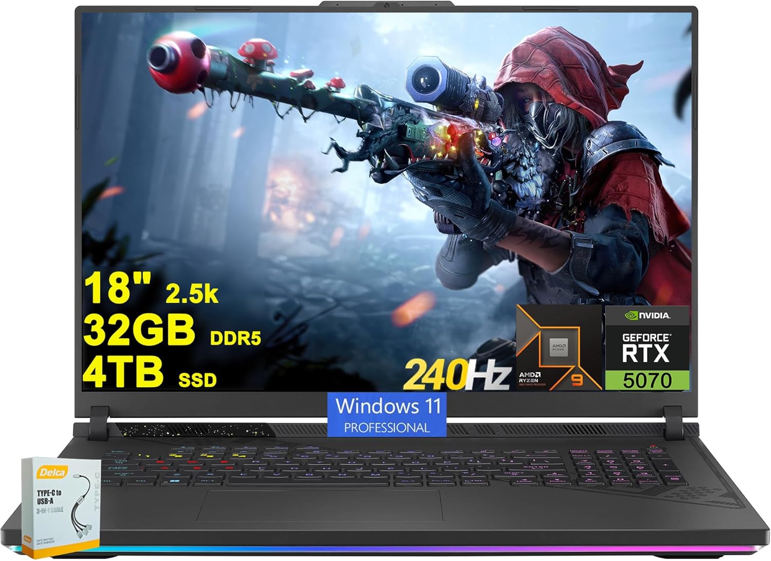 ASUS ROG Strix G18 G814 Gaming Laptop | 18″ 2560×1600 240Hz 100% DCI-P3 | AMD 16-core Ryzen 9 9955HX (>i9-14900HX) | 32GB DDR5 4TB SSD | GeForce RTX 5070 DLSS4 | RGB Backlit Win11Pro w/DLCA Accessory