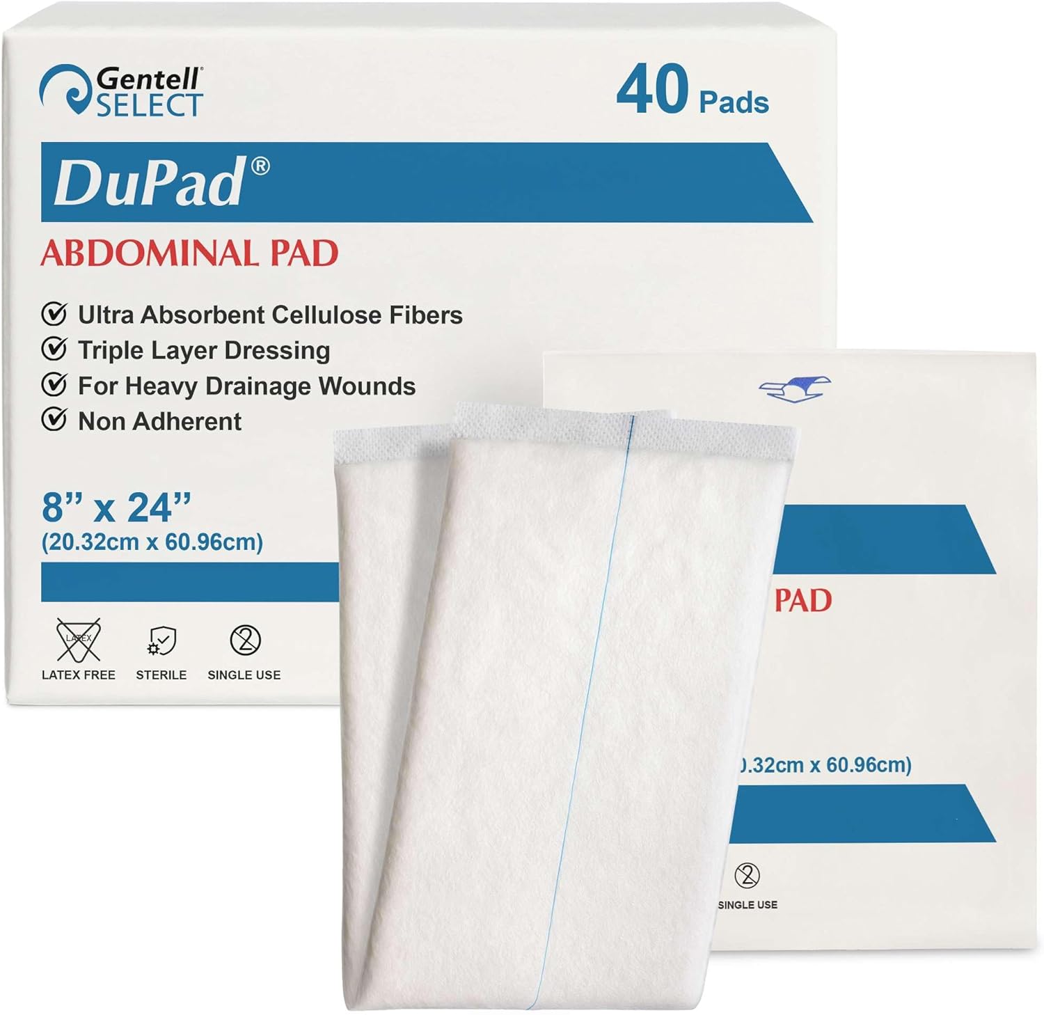 DuPad Sterile Abdominal Pads 8×24-40 Pack, Super Absorbent ABD Pads for Large Wounds, Individually Wrapped Nonstick Gauze Combine Dressing for Wound Care