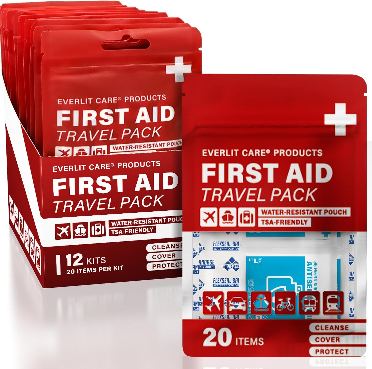 Travel Bandage Pack | 12 Individual Packets, Bulk Portable Mini First Aid Kit with 20 On-The-Go Essentials | Compact Water-Resistant Reusable Pouch to Clean, Cover & Protect
