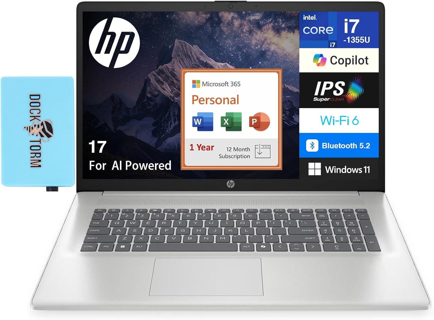 HP 17 AI Powered Laptop 17.3″ IPS FHD Display (Intel i7-1355U, 16GB DDR4, 8TB PCIe SSD, Intel UHD, WiFi 6, Webcam, Bluetooth 5.2, Win 11 Pro) w/MS 365 Personal, DKZ USB Port Expander