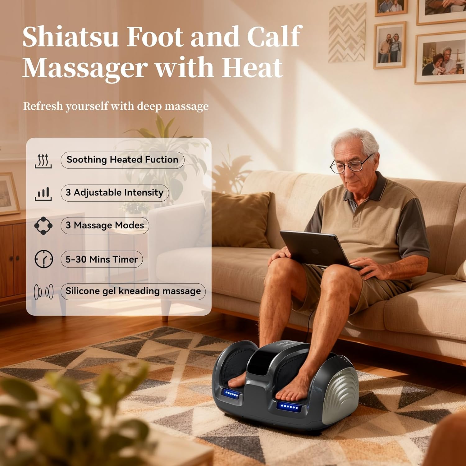 Shiatsu Foot Massager with Heat,Plantar,Foot and Calf Massager, Deep Kneading Massage for Plantar Relief,Adjustable Intensity, Feet/Leg/Calf/Ankle at Home/Office,Gifts for Women, Men